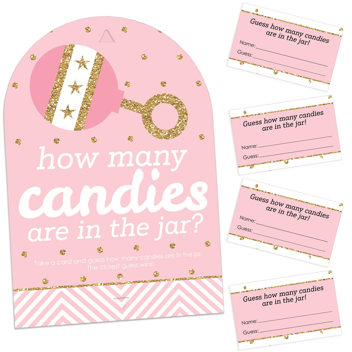 Big Dot Of Happiness Hello Little One - Pink And Gold - How Many Candies Girl Baby Shower Game - 1 Stand And 40 Cards - Candy Gu