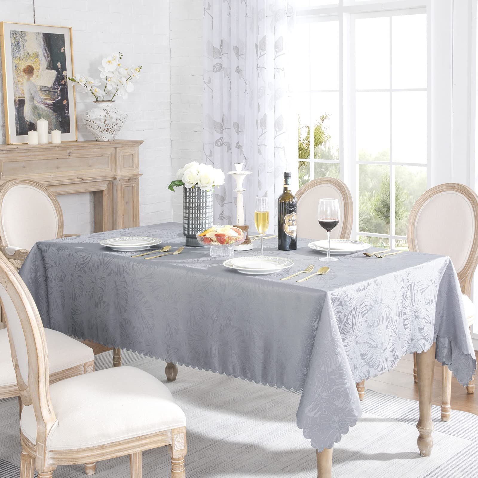 Efficinature Rectangle Tablecloths 60X102 Inch Waterproof Washable Grey Oblong Table Clothes For 6 Foot Tables Leave Pattern Sil