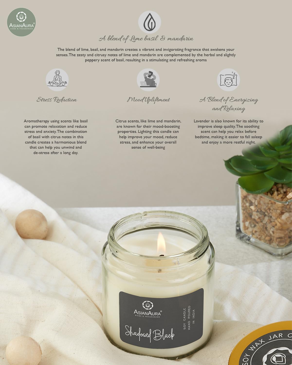 Asian Aura Scented Glass Jar Candle - 450g (Gross Wt.) - Shadowed Black |36 Hours Burn Time |Smoke-Free Aroma Candle for Home Fr