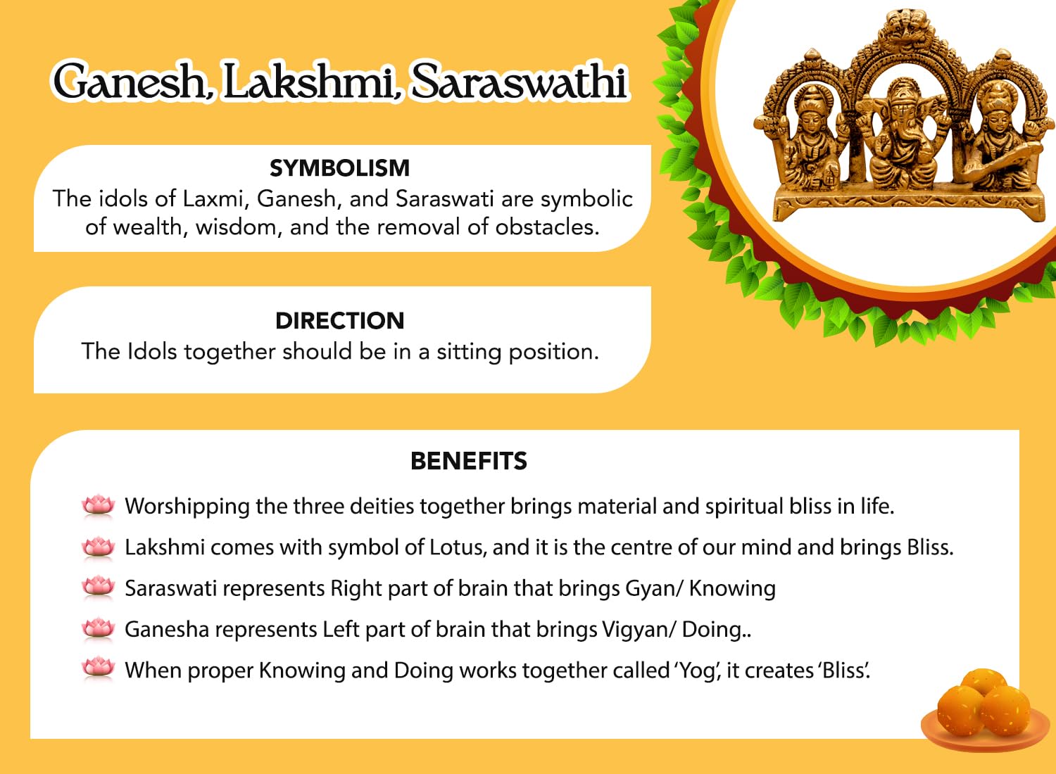 Ekhasa 100% Pure Brass Laxmi Ganesh Saraswati Murti (Size: 8.0 cm) | Lord Ganpati Lakshmi Saraswati Maa Idol for Diwali Puja | G