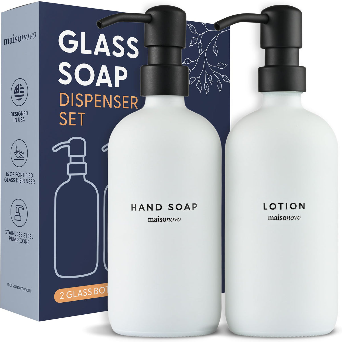 Maisonovo Bathroom Soap And Lotion Dispenser Set | 16.9 Fl Oz White Glass Black Pumps X 2