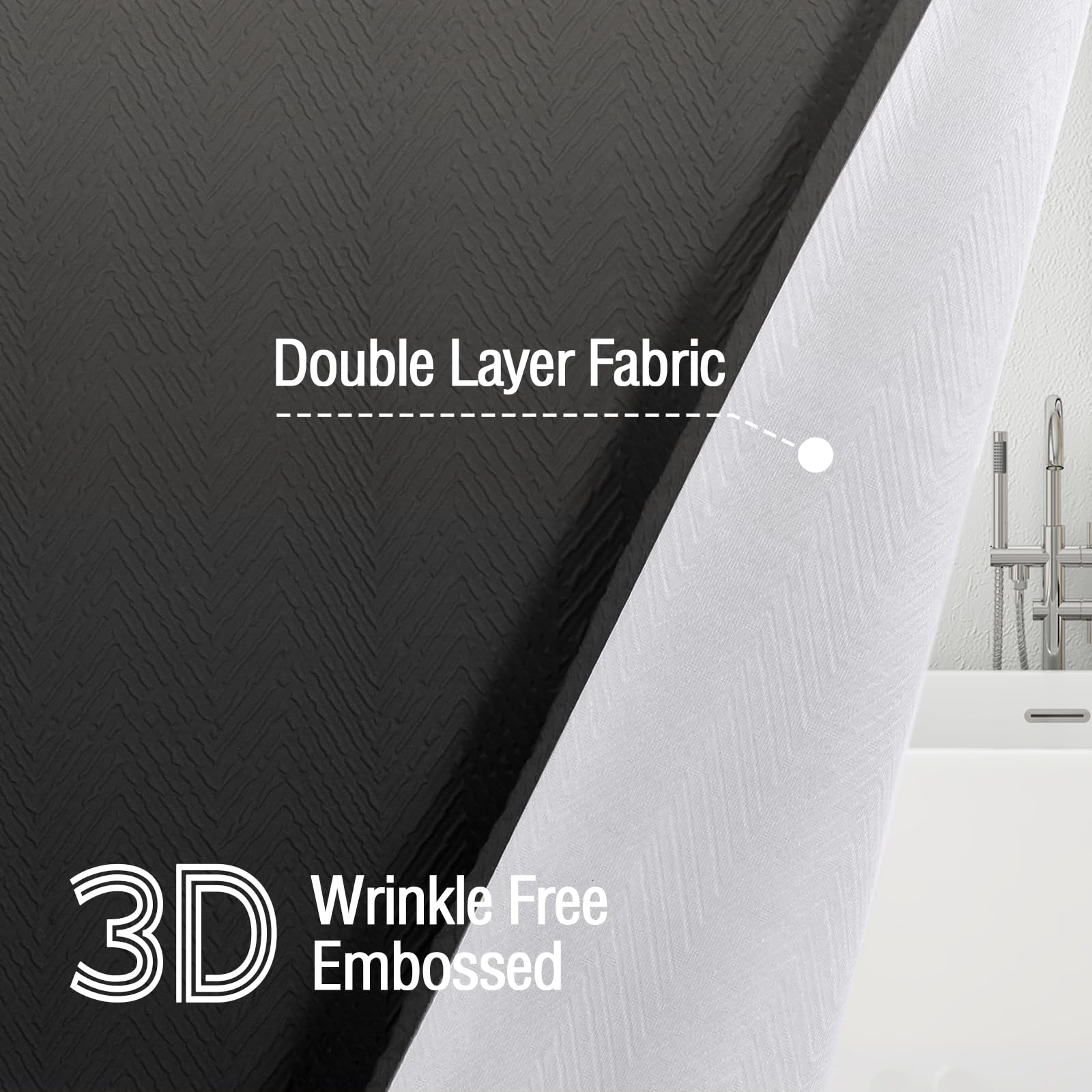 Gibelle Ombre Black Shower Curtain, 3D Embossed Textured Herringbone Fabric Shower Curtain, Modern Farmhouse Bathroom Decor Soft