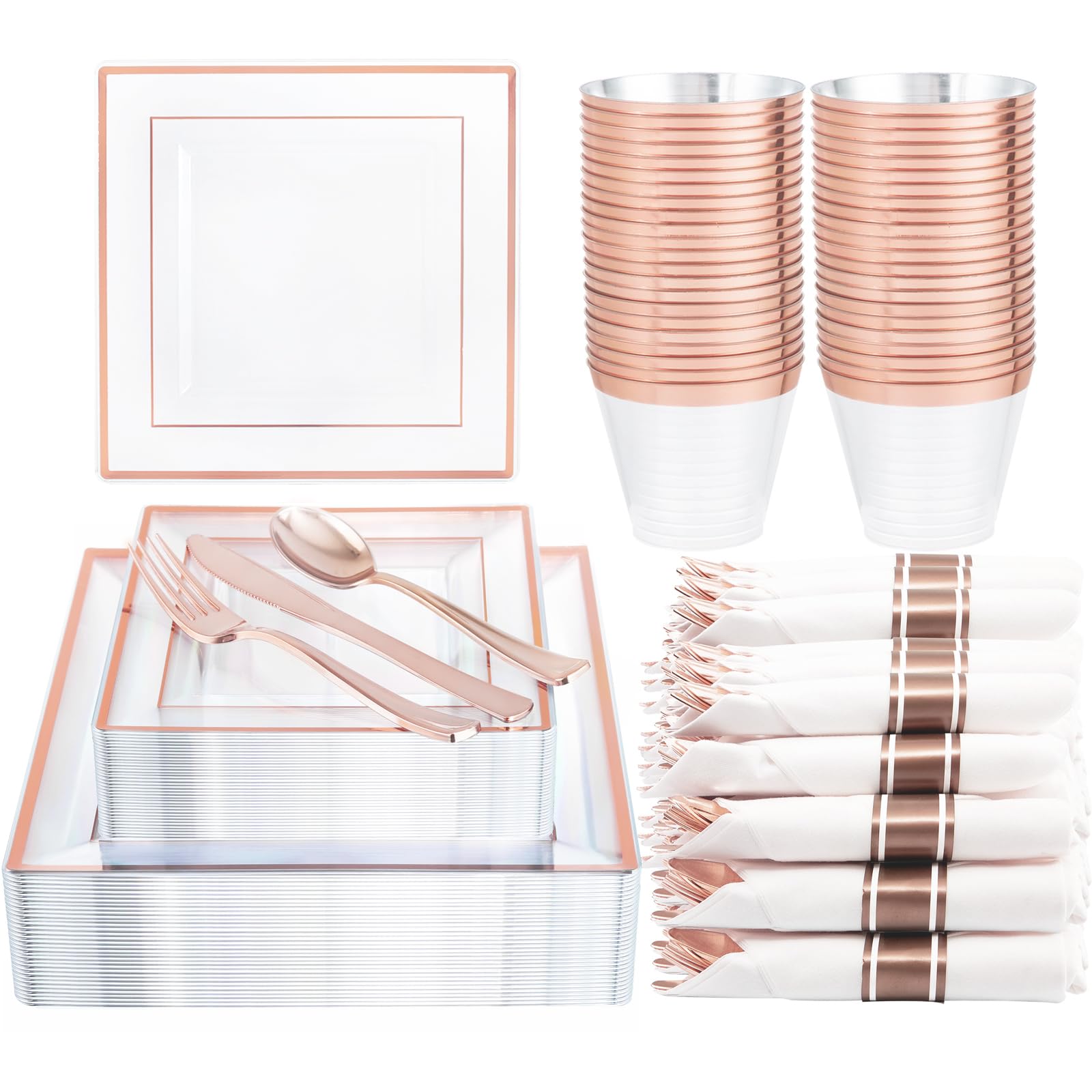 Dayammi 175 Pcs Rose Gold Plastic Plates, Rose Gold Plastic Dinnerware Sets Includes: 25 Dinner Plates, 25 Salad Plates, 25 Pre