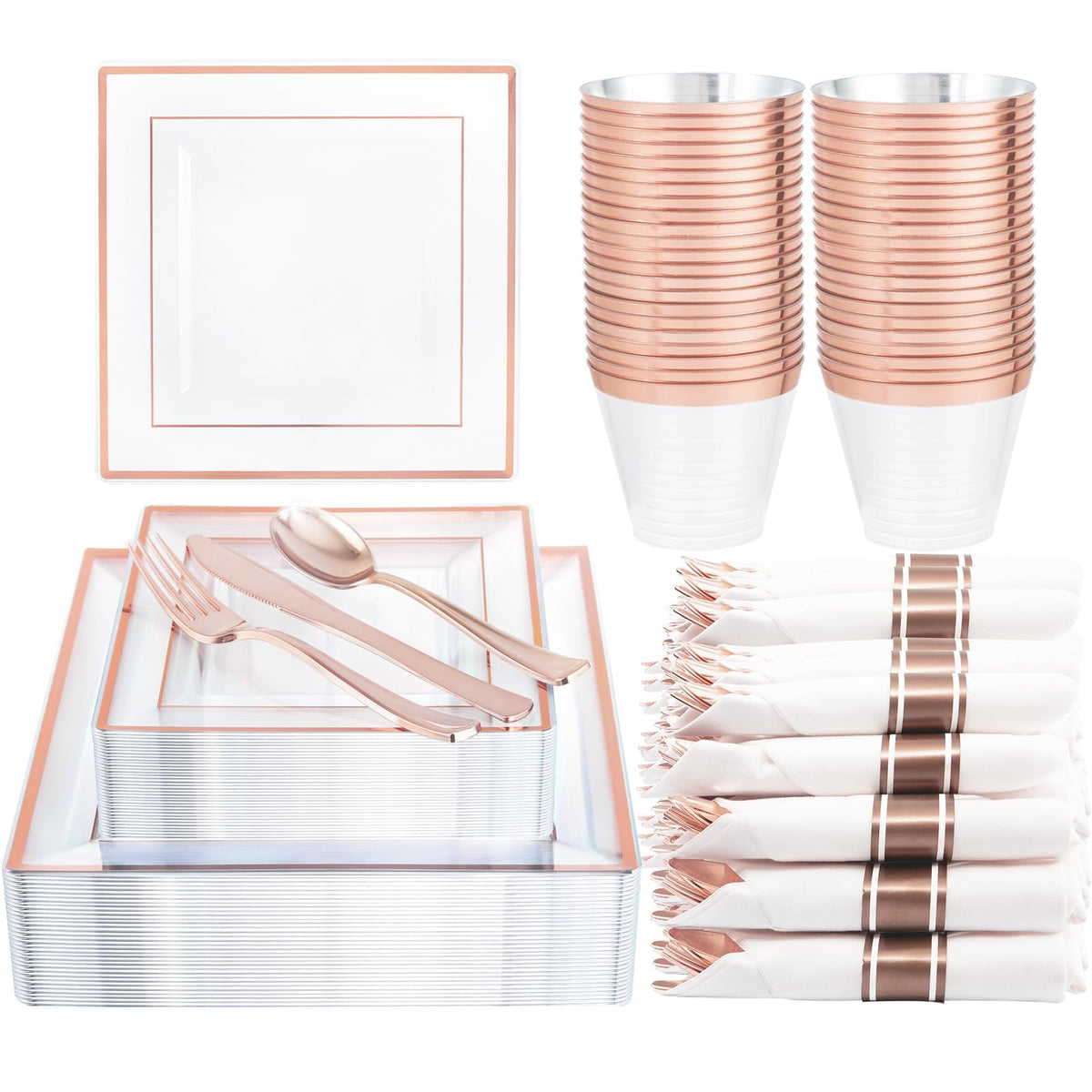 Dayammi 175 Pcs Rose Gold Plastic Plates, Rose Gold Plastic Dinnerware Sets Includes: 25 Dinner Plates, 25 Salad Plates, 25 Pre