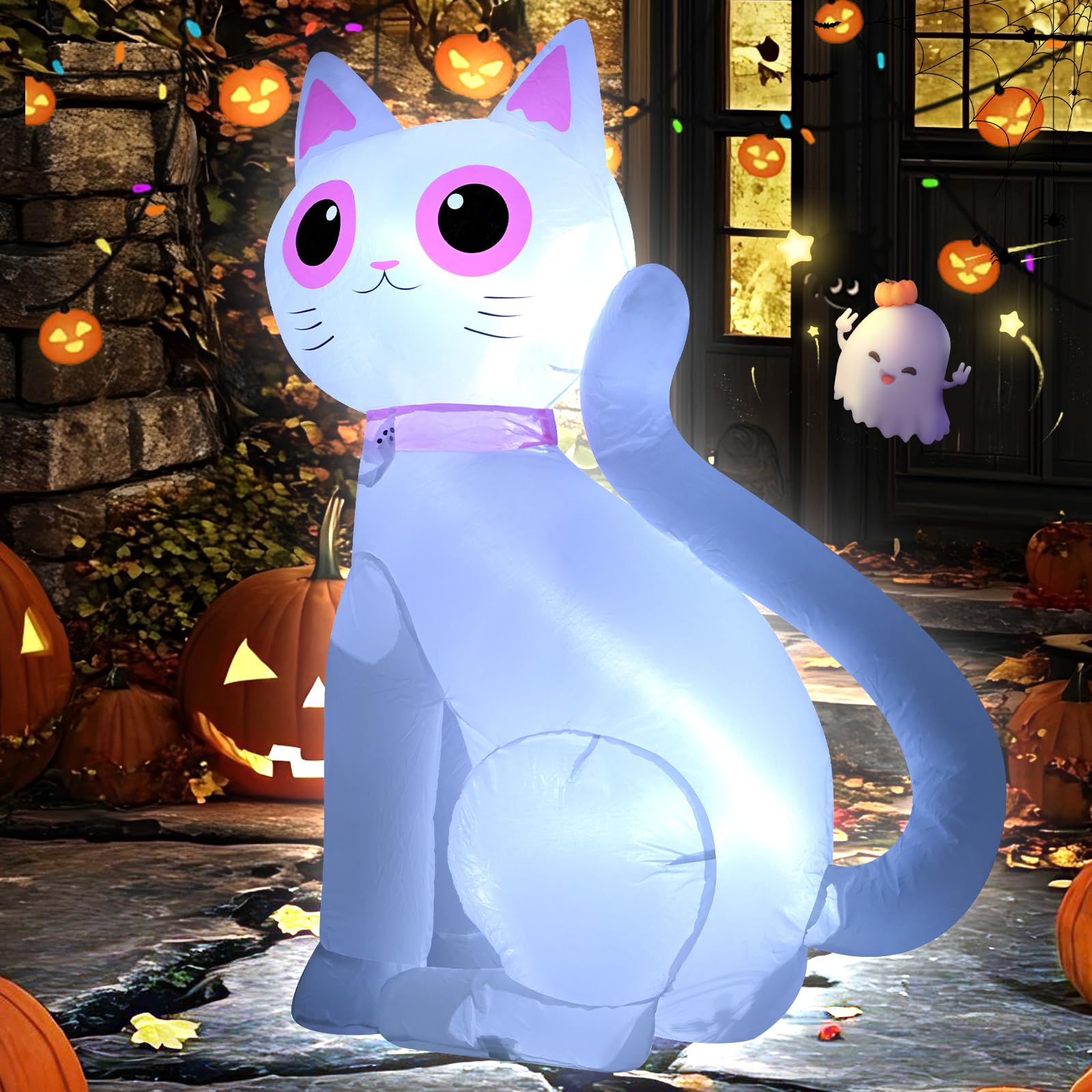 3.5FT Halloween Inflatable Decor White Cat with LED Lights Halloween Indoor Outdoor Blow Up Decorations Party Holiday Decor