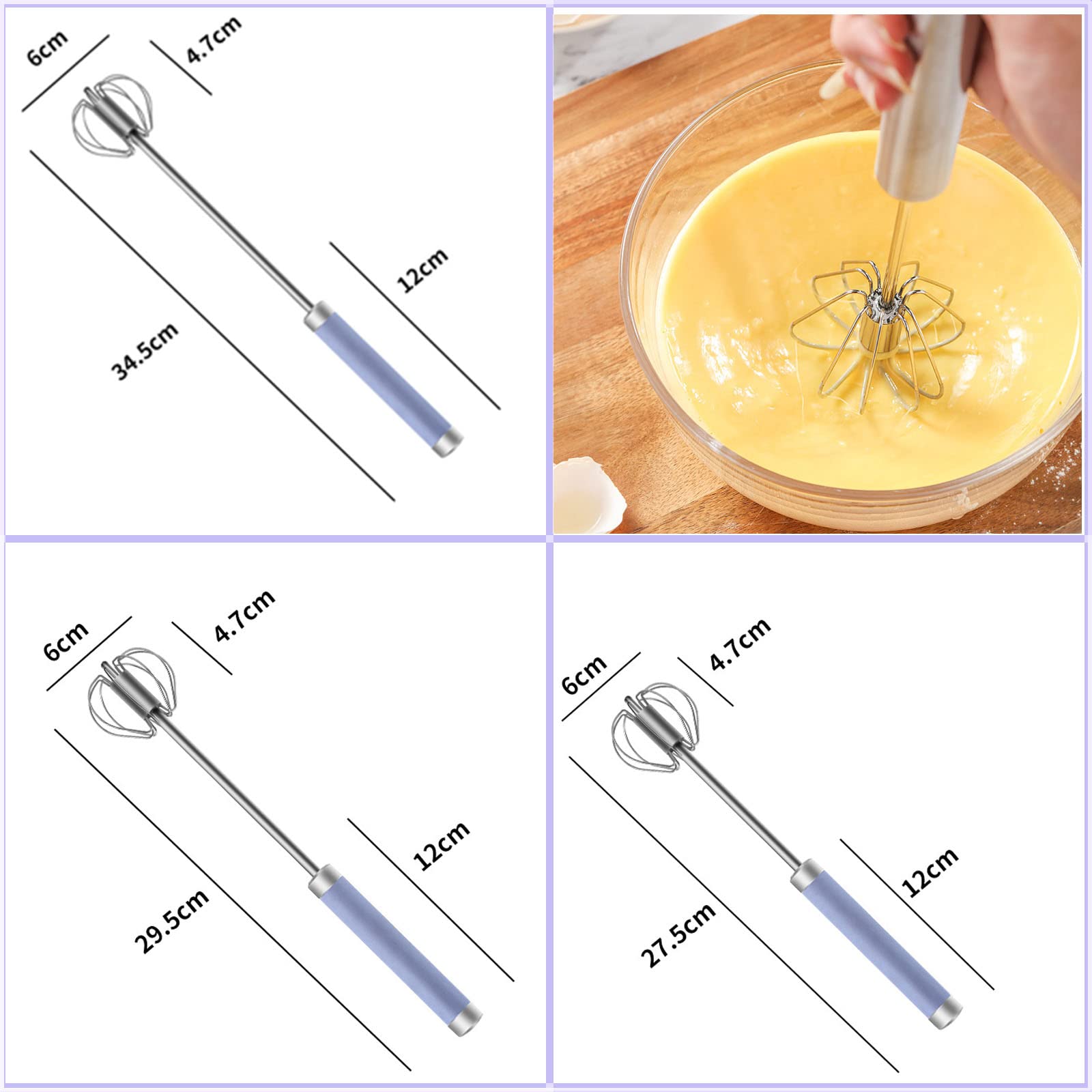 Stainless Steel Semi-Automatic Egg Whisk - 3Pcs Hand Push Rotary Whisk Blender (Purple)