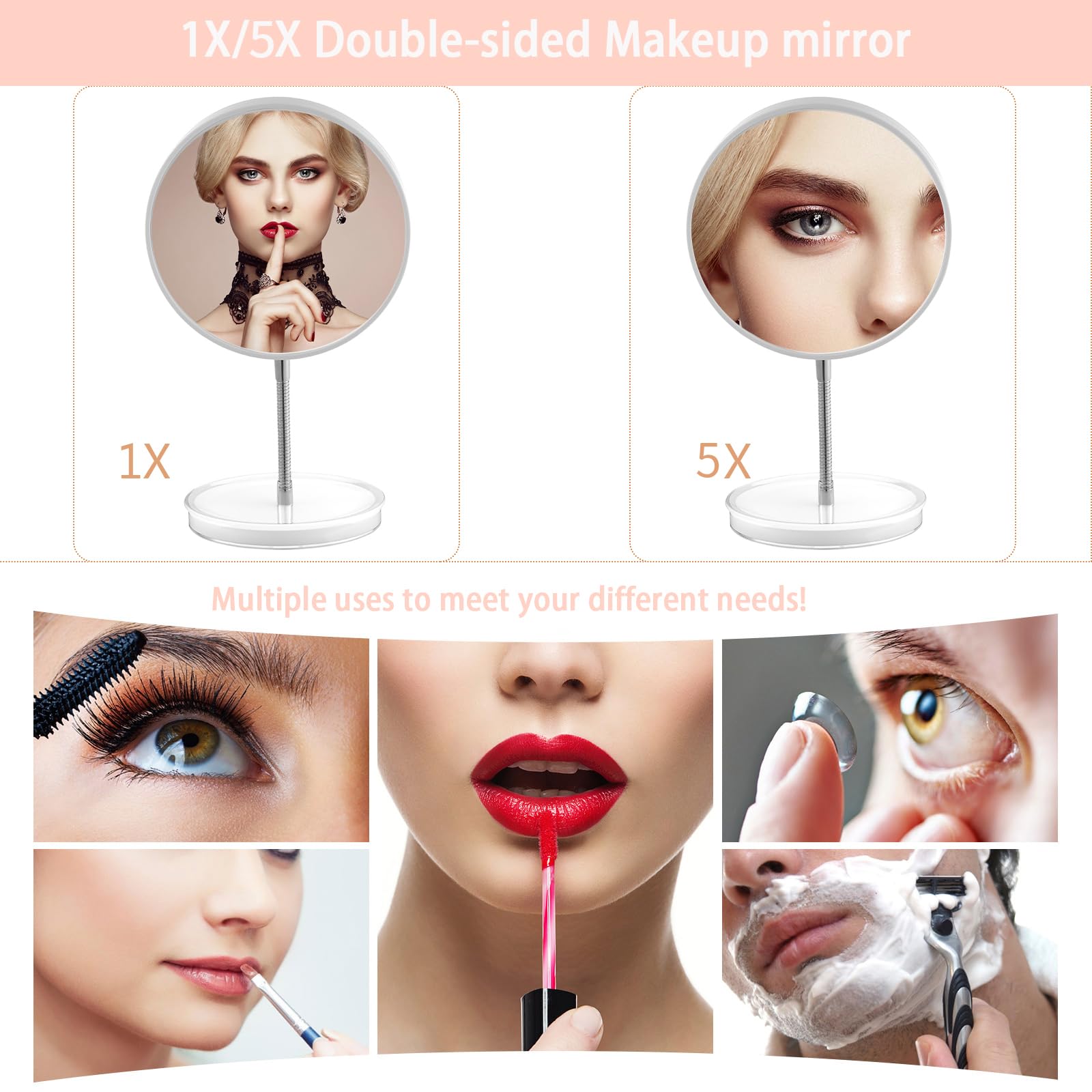 Jasefa 1x/5x Magnifying Makeup Mirror with Stand, Magnified 6 Double Sided Desk Table Mirror,180 Rotation Tabletop Cosmetic Mirr