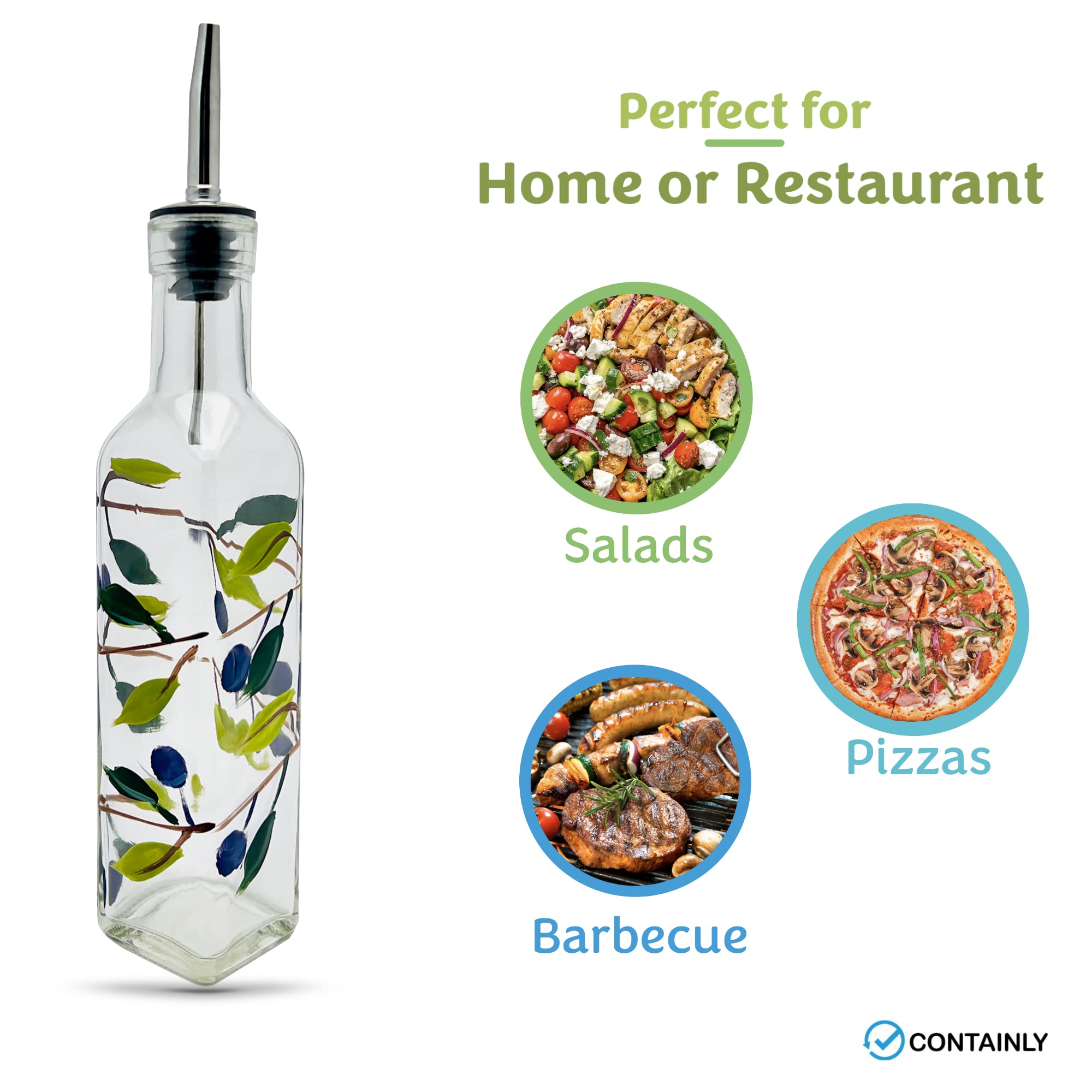 Containly Glass Olive Branch Oil/Vinegar Glass Cruet For Kitchen, 8 Oz Olive Oil Dispenser With Stainless Steel Spout For Easy P