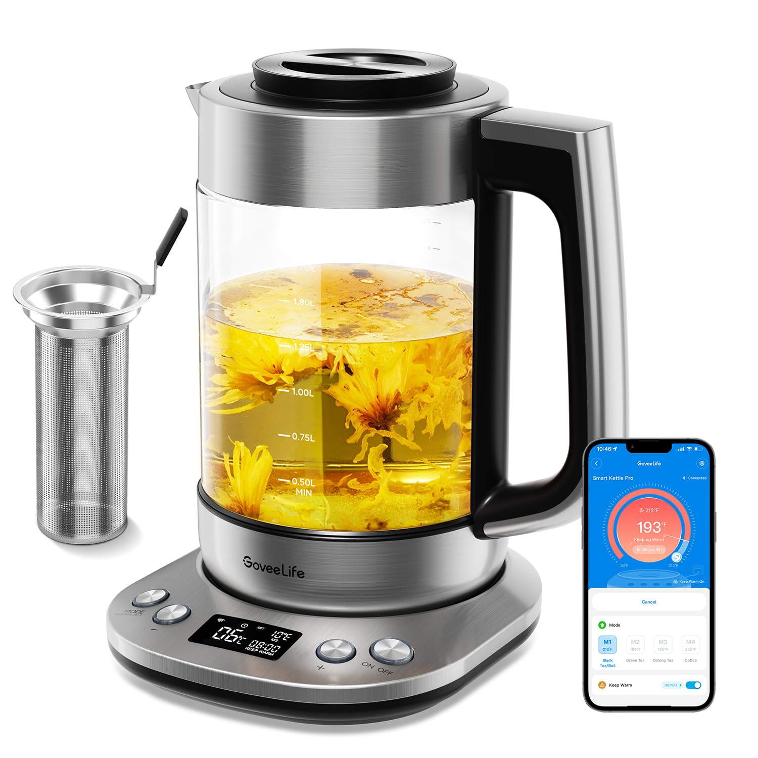 Goveelife Smart Electric Kettle With Tea Infuser For Loose Leaf Tea, 1.7 L Electric Tea Kettle With Brewing Program, Variable Te