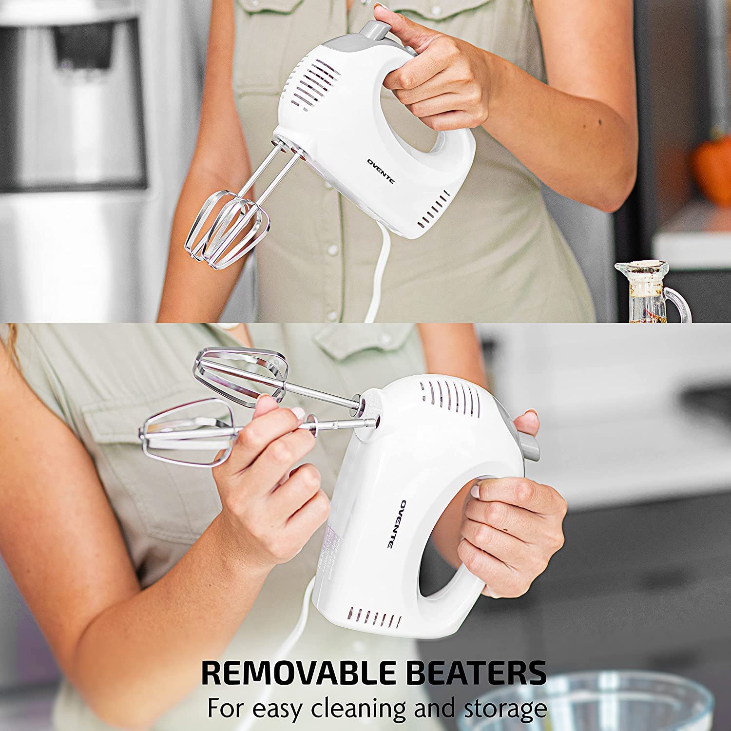 Ovente Portable 5 Speed Mixing Electric Hand Mixer With Stainless Steel Whisk Beater Attachments & Snap Storage Case, Compact Li