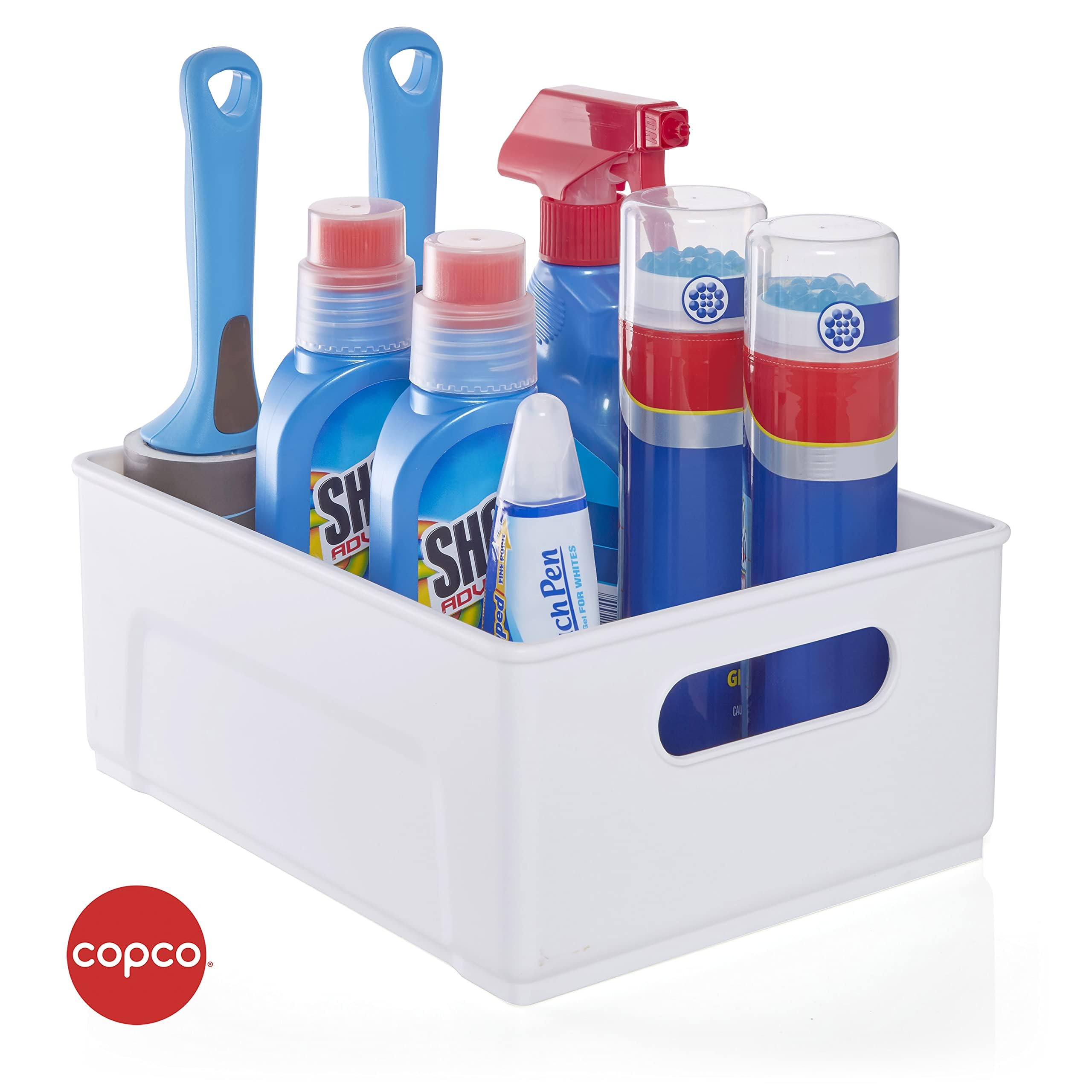 Copco 10-Inch White Cabinet Storage Bin with Handles - Nonskid Liner for Kitchen, Pantry, Closet Organization - Model 5254051