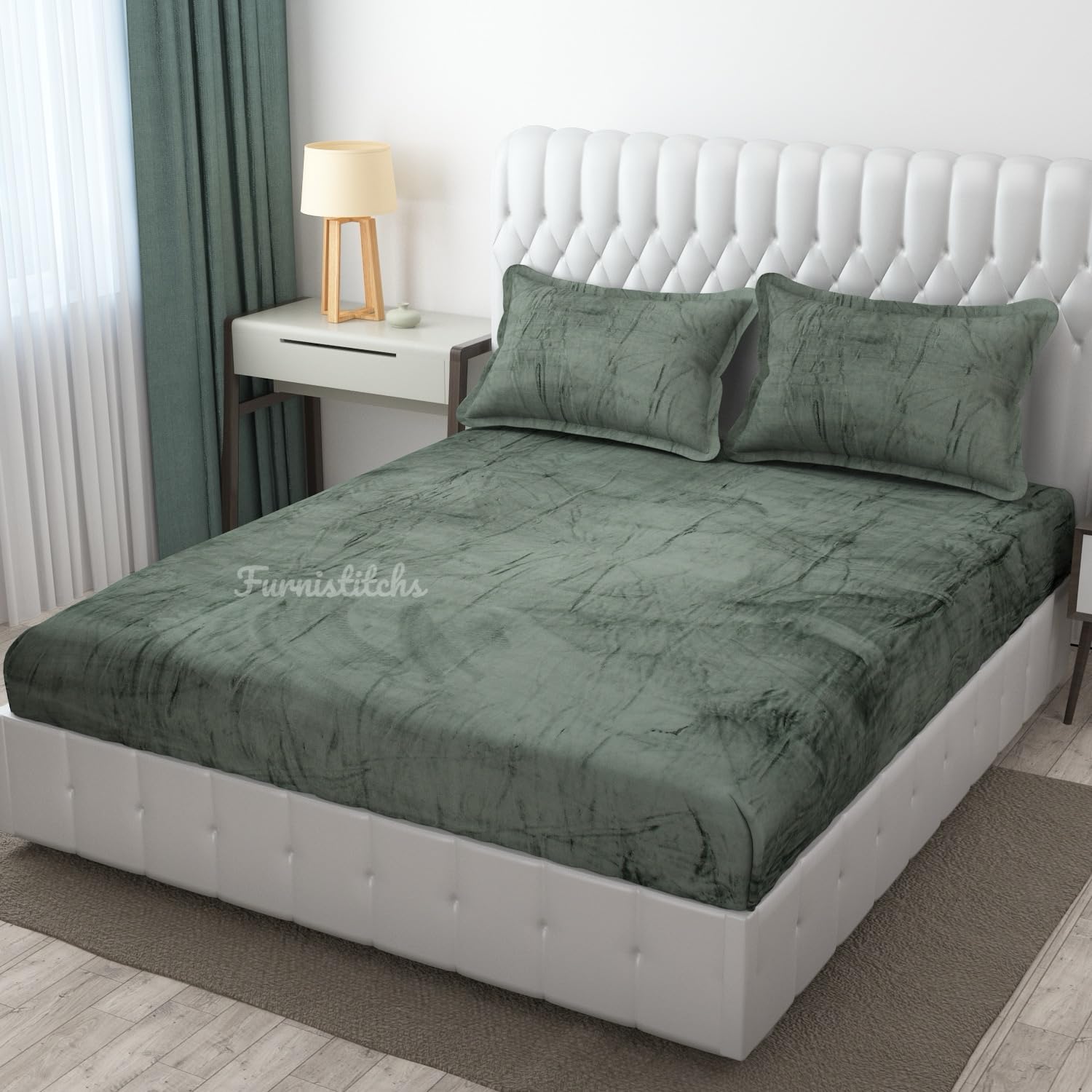 Furnistitchs Velvet Warm Winter Solid Flannel Elastic Fitted Bedsheets For Double Bed King Size 90X100 Inches With 2 Pillow Cove