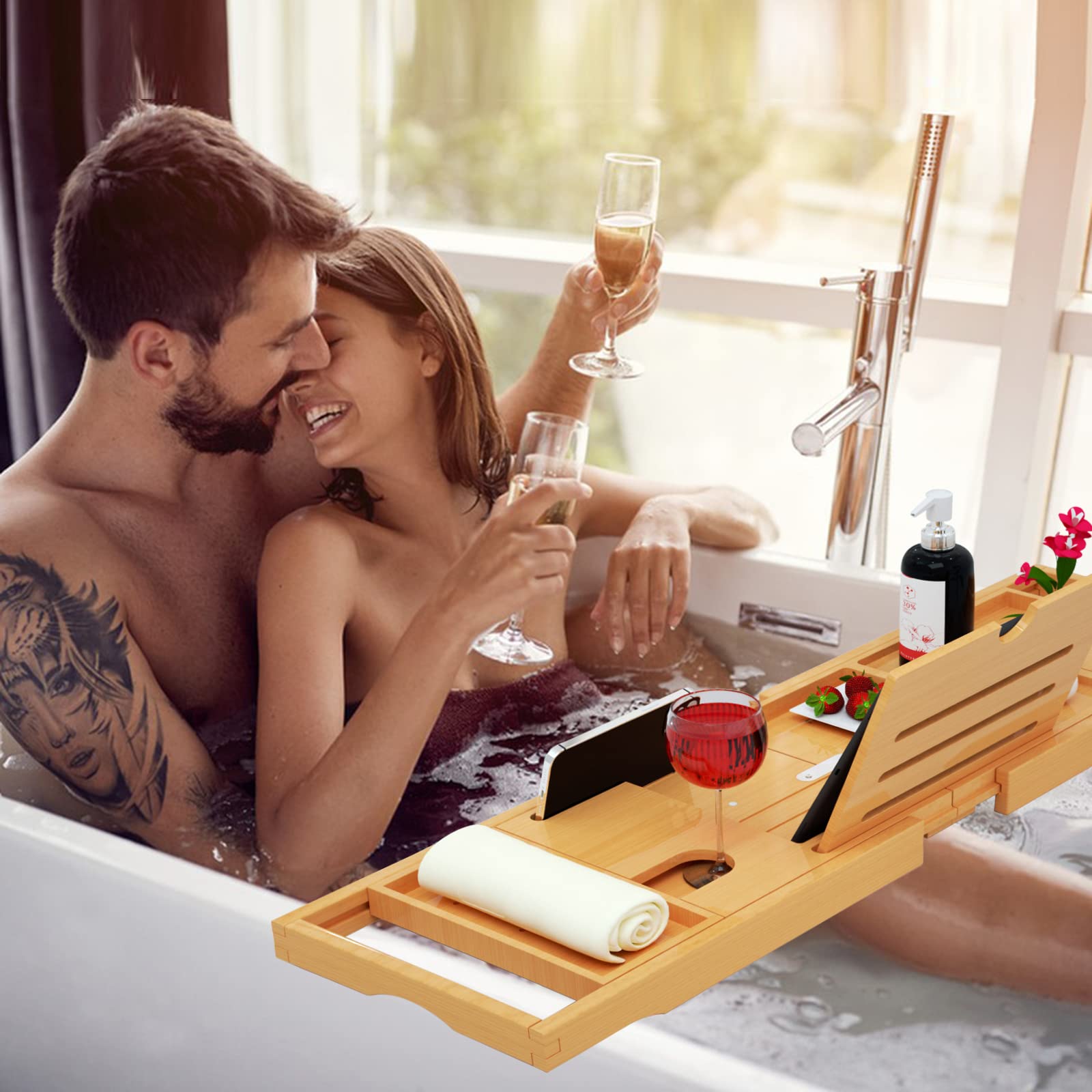 Banlilu Premium Bamboo Bathtub Tray Caddy - Expandable, Fits Most Tubs, Natural Color, Luxury Style, Model BATHTRY-SERIES1