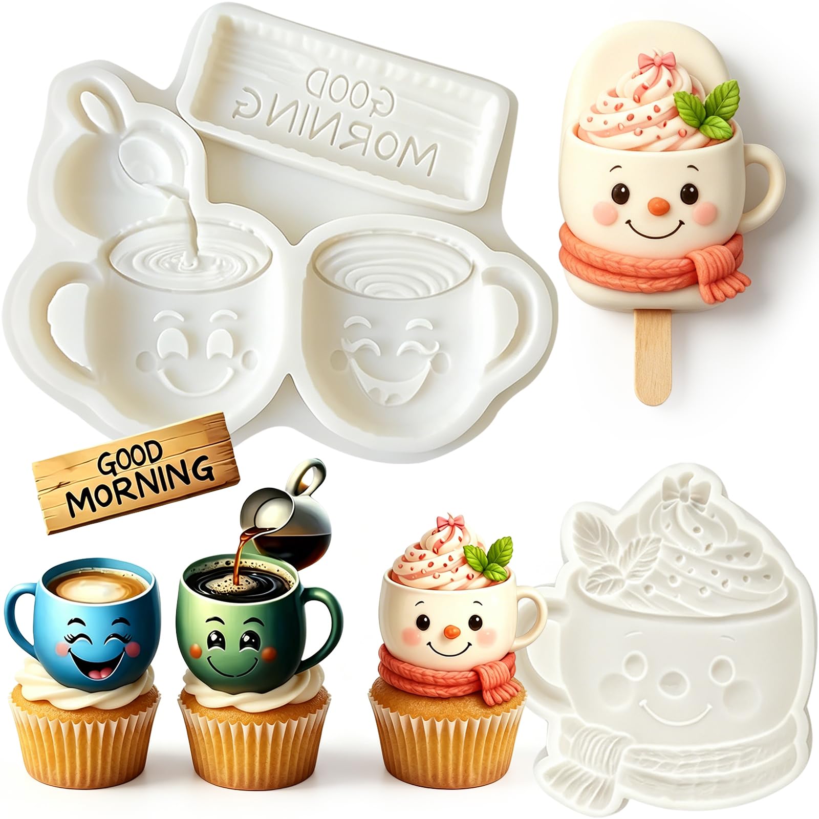 ICNYEKl 2Pcs Coffee Cup Silicone Fondant Molds for Cake Decorating, Candy