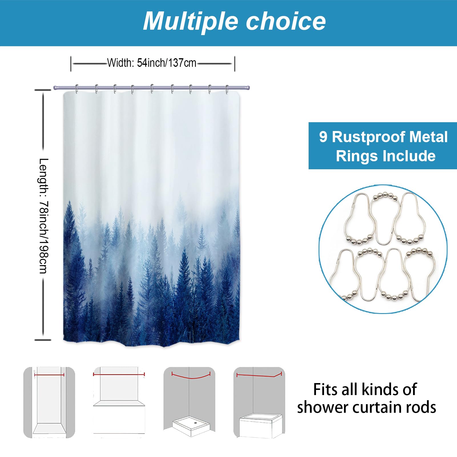 Ortigia Blue Misty Forest Shower Curtains,Nature And Woodland Shower Curtain,Fantasy Fog Magic Winter Tree Bath Curtain For Bath