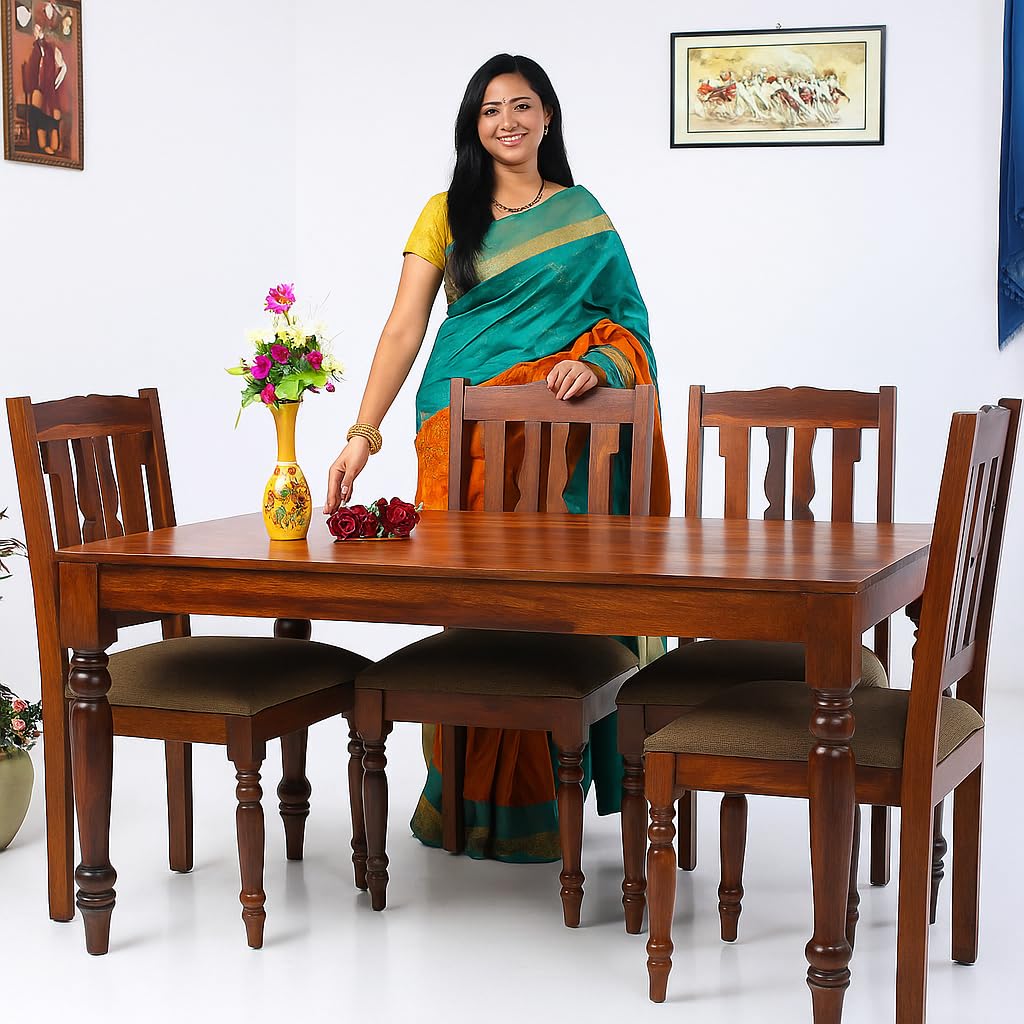 Pc Wood Furniture Solid Sheesham Wood 4 Seater Dining Table Set For Home And Kitchen (Solid Wood, 4 Seater, Maple Finish)