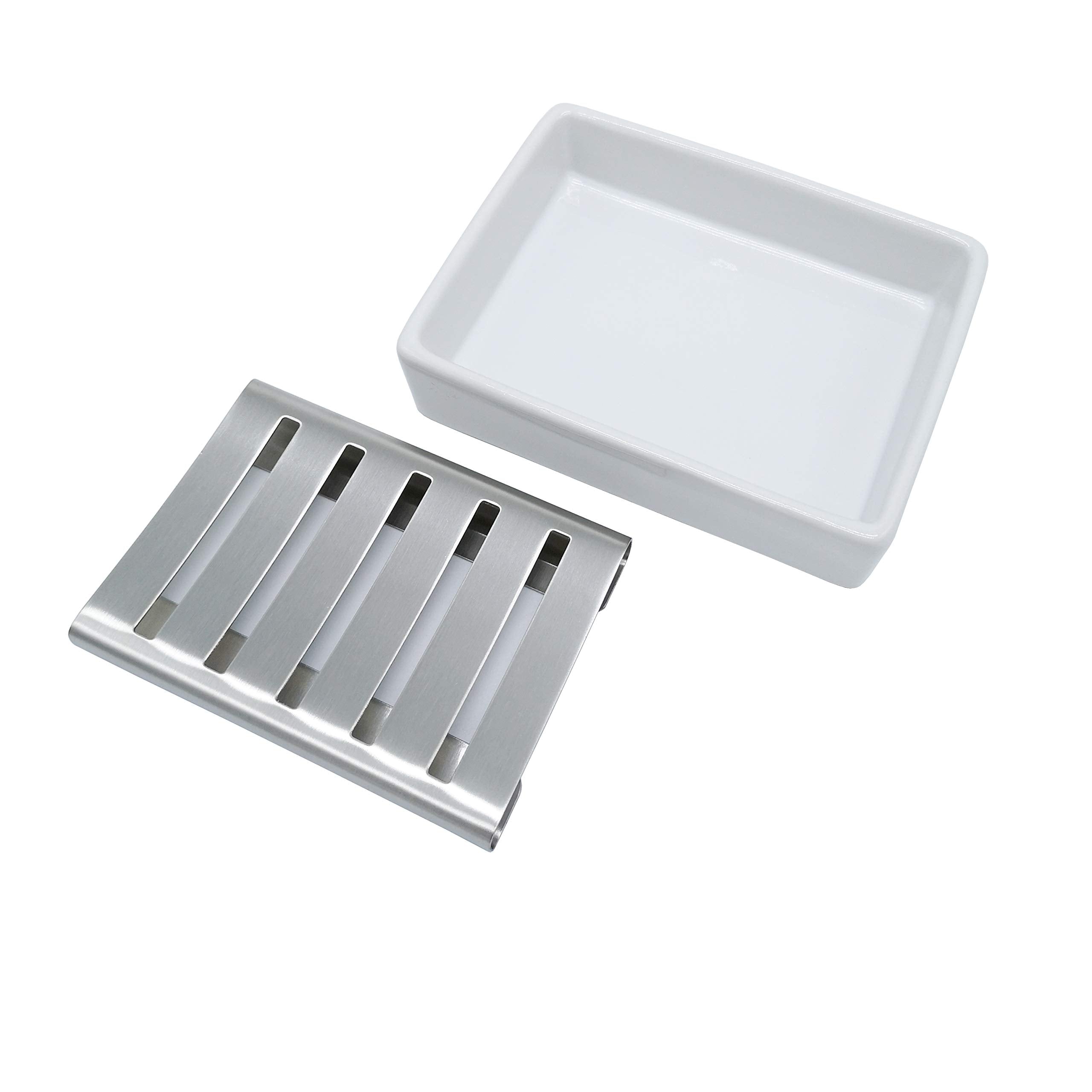 Ceramic Soap Dish Stainless Steel Soap Holder for Bathroom and Shower Double Layer Draining Soap Box