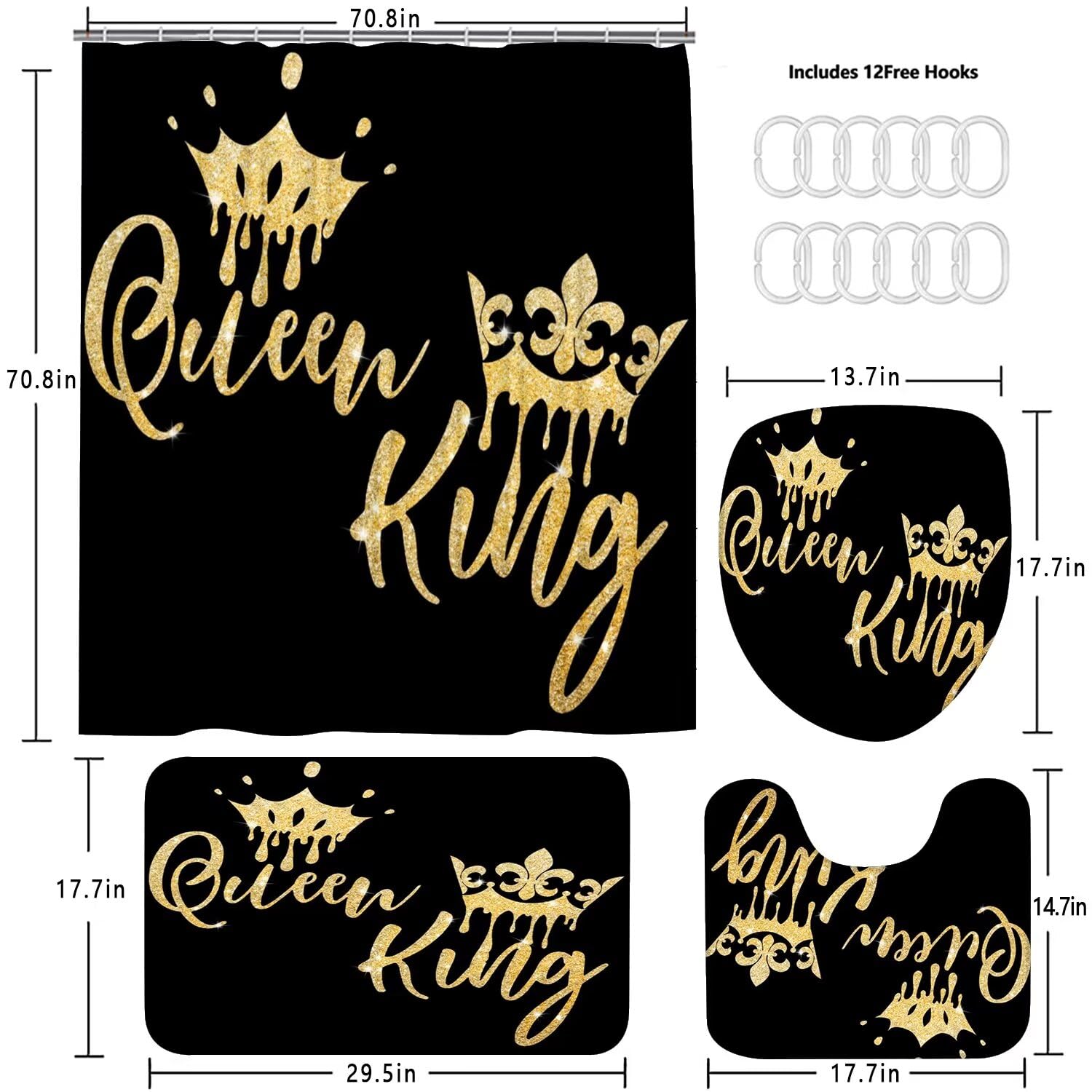 Azhm Queen And King Shower Curtain Set For Bathroom 4 Pcs Black Bathroom Accessory Decor Sets With Shower Curtain And Rugs