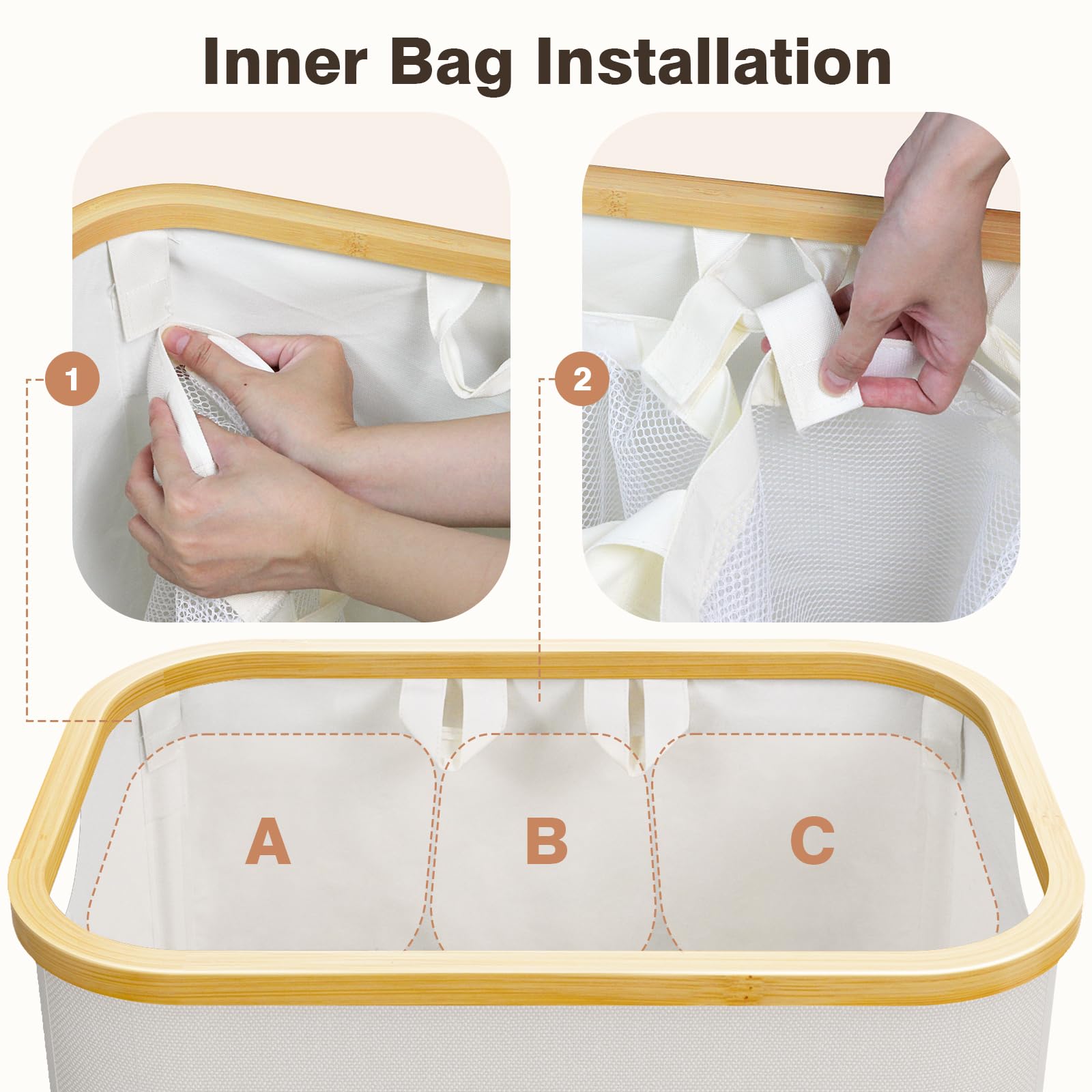 Laundry Basket with Lid  145L Extra Large Laundry Hamper 3 Section Dirty Clothes Hampers for Laundry Divided Laundry Basket Organizer for Bedroom Laundry Room Dirty Clothing Hamper Beige