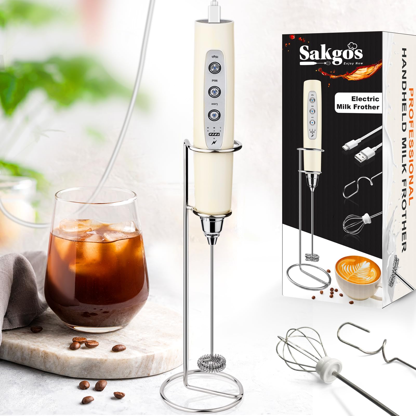 Sakgos Rechargeable Milk Frother Handheld (With Stand, Beige)
