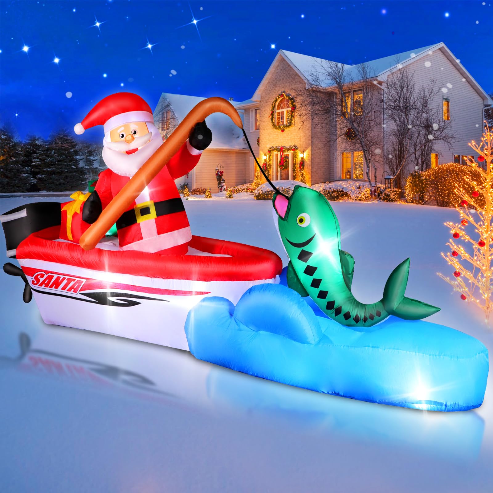 FunFanso 11FT Christmas Inflatable Santa Claus Fishing on The Boat, Blow up Outdoor Decorations with Built-in Bright LED Lights,