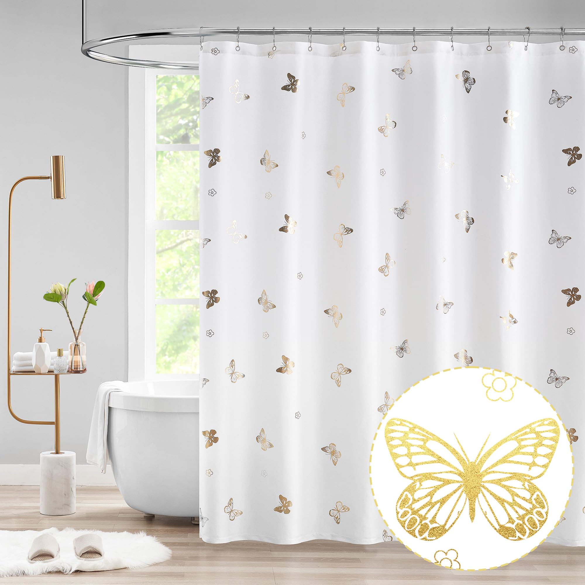 Jubilantex White Gold Butterfly Floral Shower Curtain For Bathroom Decor,Luxury Washable Waterproof Fabric For Bathtub Hotel Spa