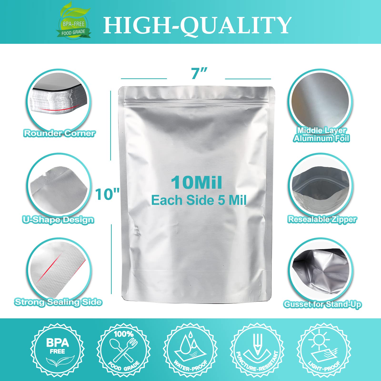 Shxwell 50Pcs 1 Quart Mylar Bags For Food Storage, 7''X10'' 10 Mil Stand-Up Zipper Pouches Resealable And Heat Sealable For Long
