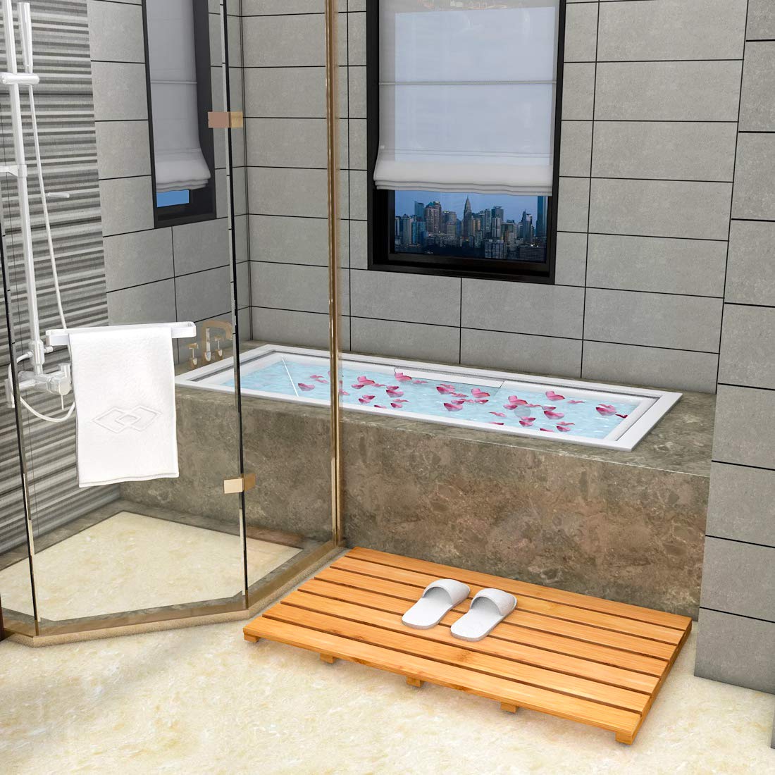 Bamboo Wooden Bath Floor Mat For Luxury Shower - Non-Slip Bathroom Waterproof Carpet For Indoor Or Outdoor Use (313 X 181 X 15 I