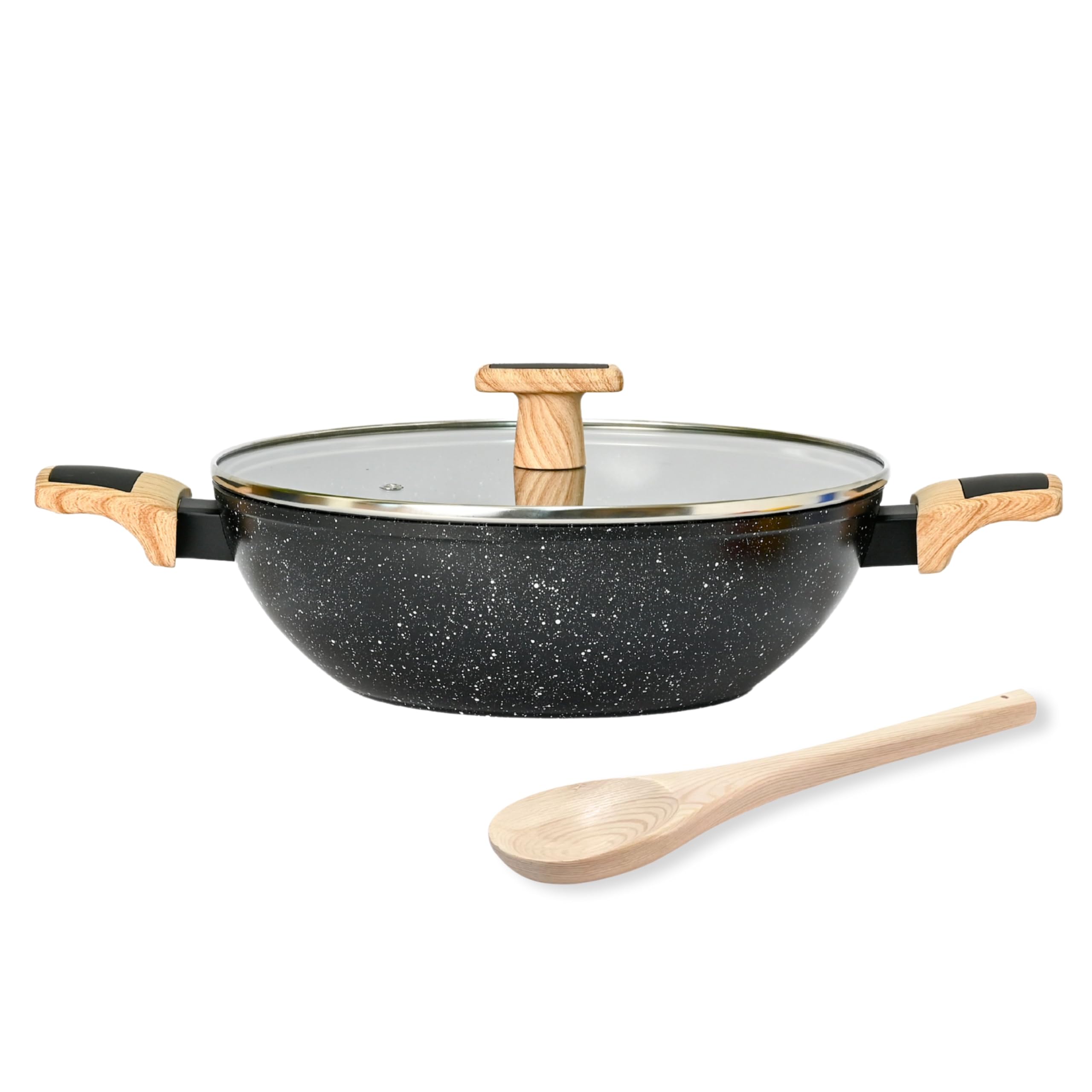 Kreme Ceracook Ceramic Coated Granite Kadai 3.2L /26Cm With Glass Lid, Deep Frying Kadhai, Isi Certified, Forged Aluminium, Gas 