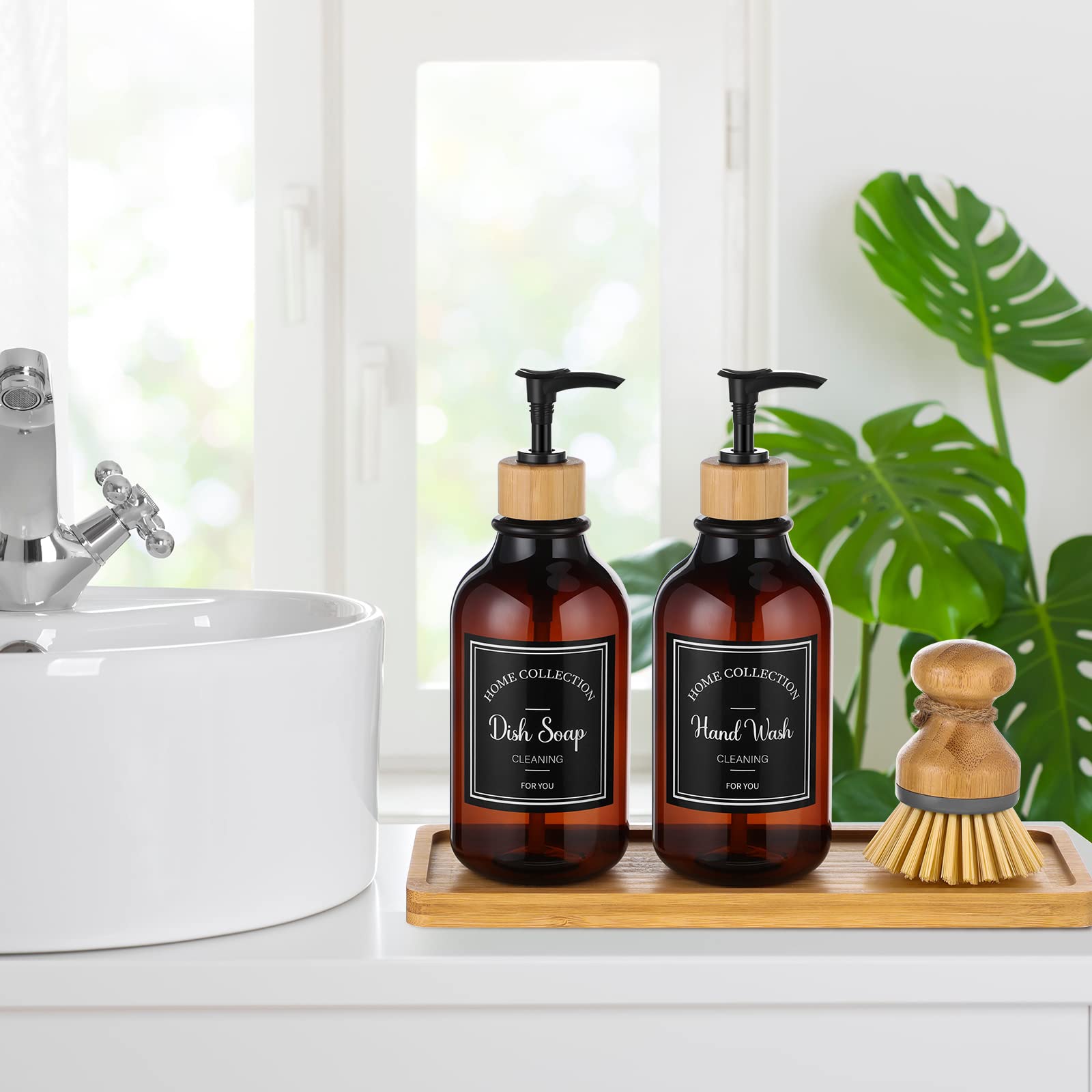 Zopeal 4 Pcs Kitchen Soap Dispenser Set 16 Oz Dish Soap Dispenser With Bamboo Tray And Dish Brush Plastic Soap Dispenser Set Wit
