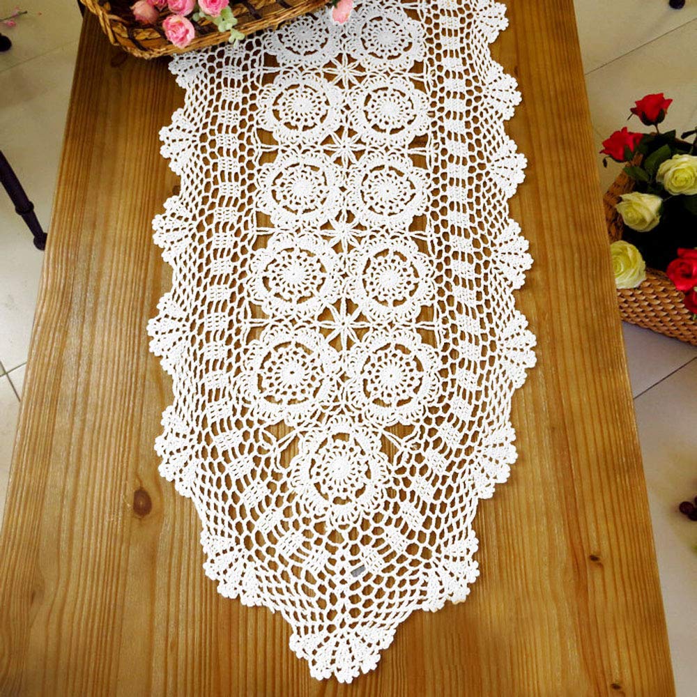 Kepswet Cotton Handmade Crochet Lace Oval Table Runner Dresser Console Coffee Table Tv Stand Decor White 14X48 Inch