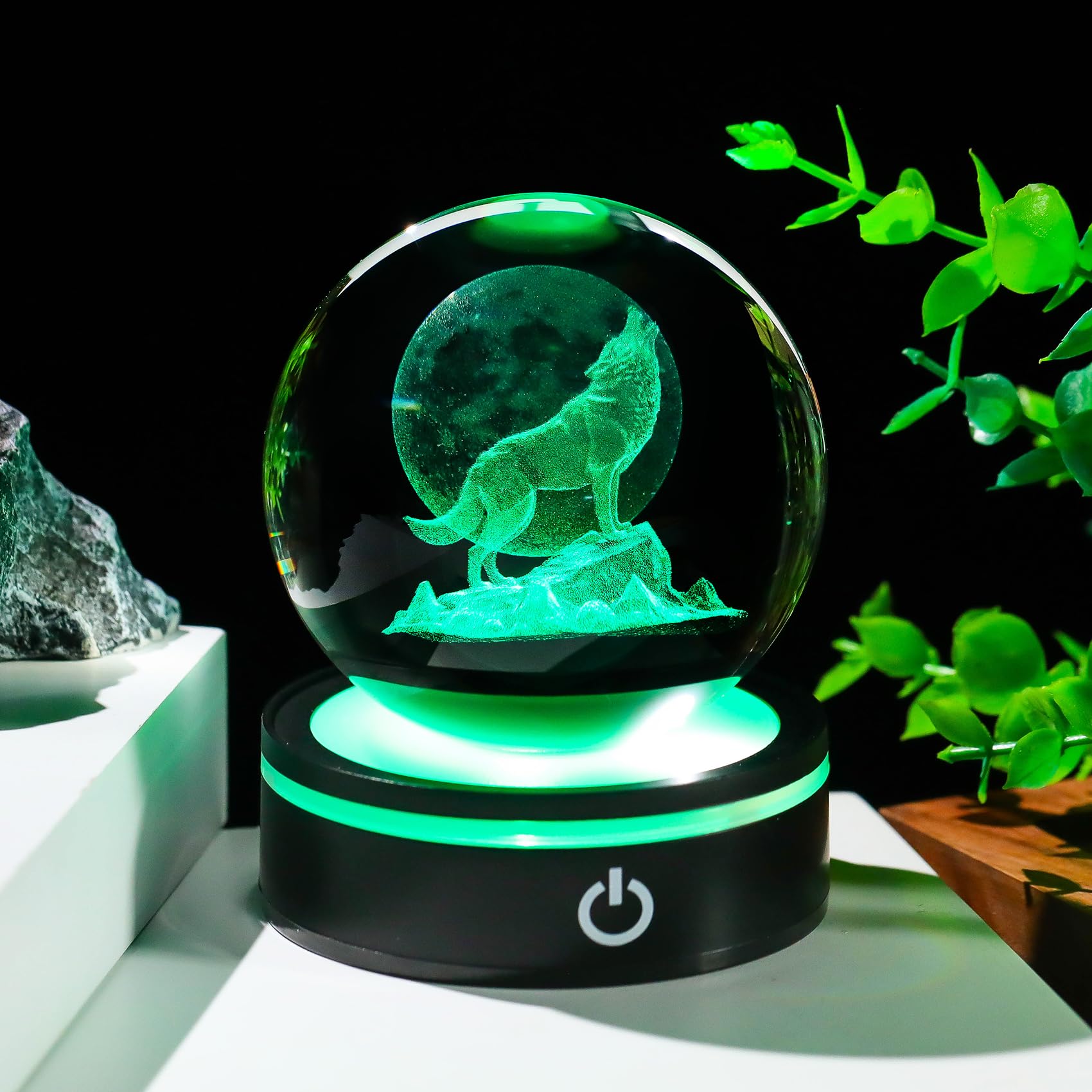 YWHL 3D Crystal Ball Moon Wolf Figurine with Colorful LED Base, Laser Wolf Gifts for Women Men Wolves Lovers on Christmas Birthd