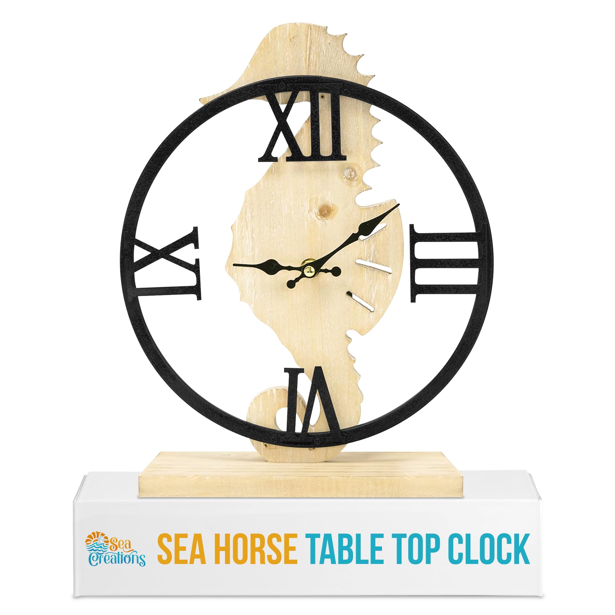 Die Cut Seahorse Table Clock Wood Decorative 12.5 Inch Metal Frame Beach Theme Decor For Kitchen Bathroom Office Rustic Battery 