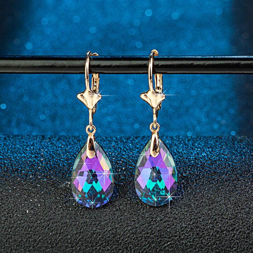 Austrian Crystal Teardrop Leverback Dangle Earrings For Women Fashion 14K Gold Plated Hypoallergenic Jewelry (Rainbow)