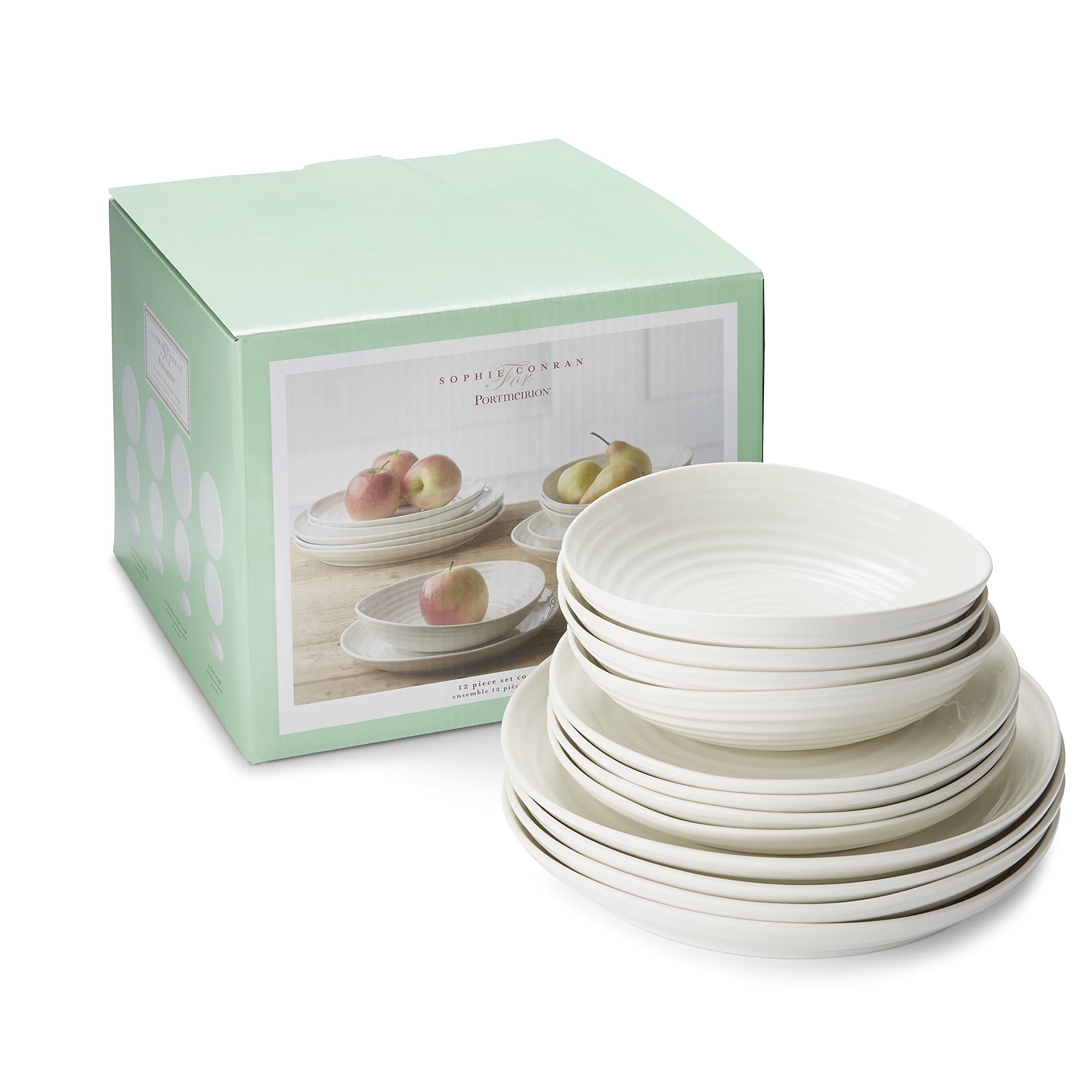 Portmeirion Sophie Conran 12 Piece Coupe Set | Elegant Porcelain Dinnerware Serving Plates | Appetizer, Buffet, Dinner, and Lunc