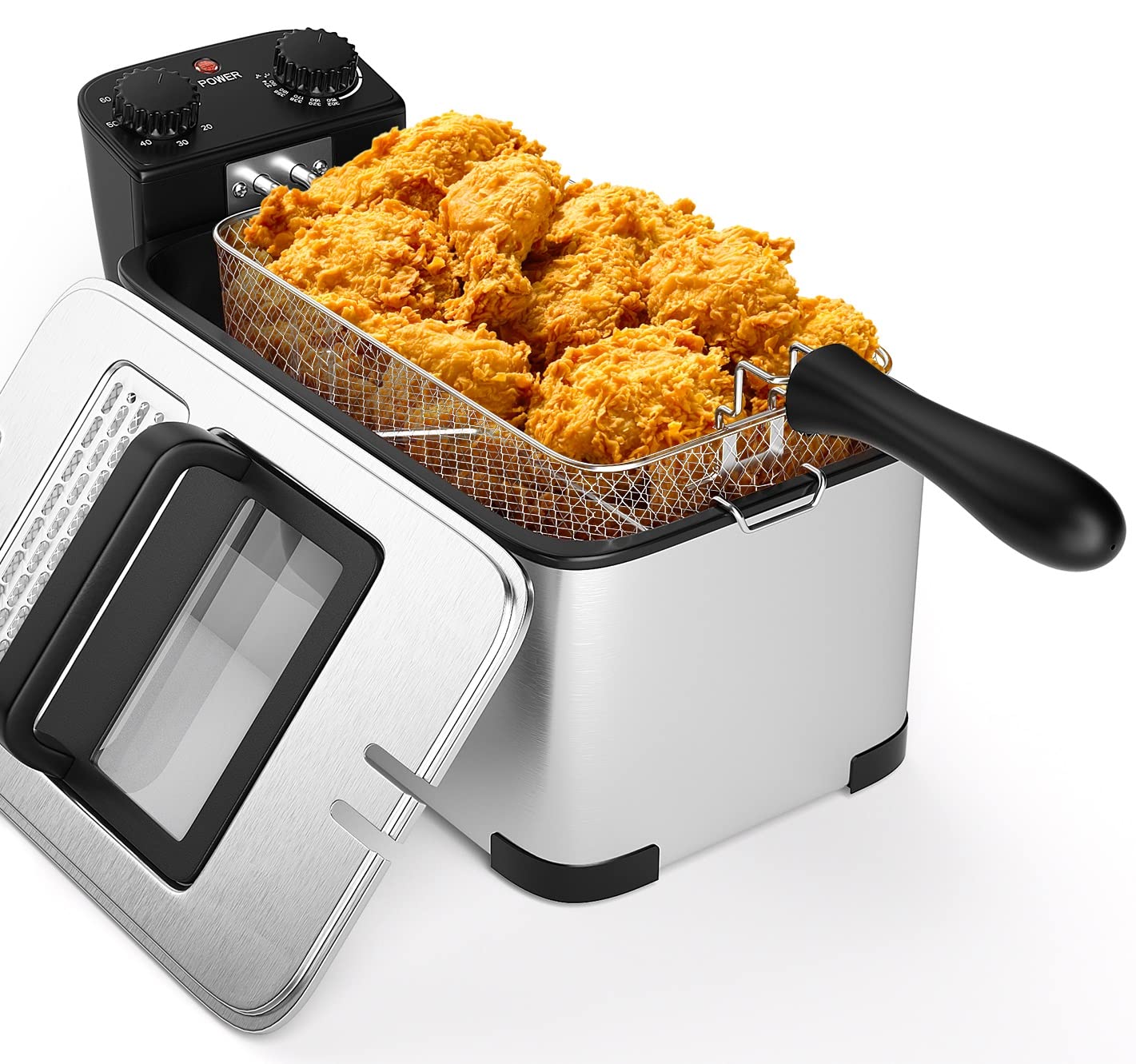 Simoe Deep Fryer with Basket, Electric Deep Fat Fryers w/Lid, 1700W Countertop Fryer with Timer and Temperature Knobs, 3.2 Quart