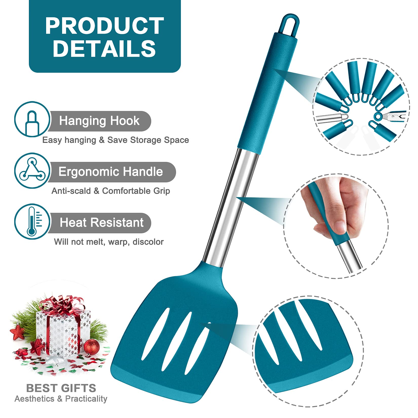 P&P Chef Kitchen Utensils Set(10Pcs), Blue Heat-Resistant Silicone Cooking Utensil Kit With Stainless Steel Handles, For Nonstic