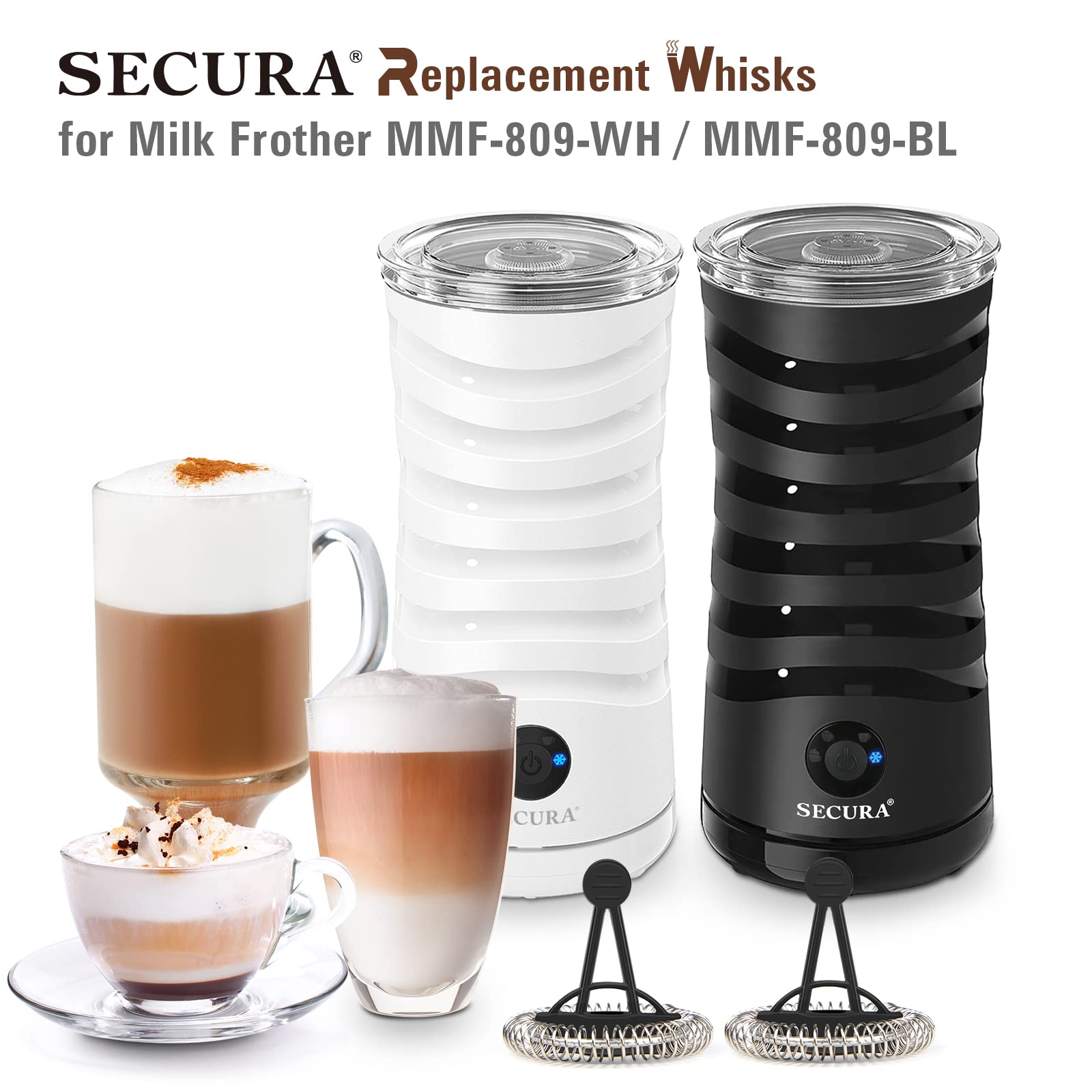 Secura Housewares 2 Replacement Whisks For 4-In-1 Electric Milk Frother Automatic Milk Steamer Mmf-809-Wh, Mmf-809-Bl Black 1.5