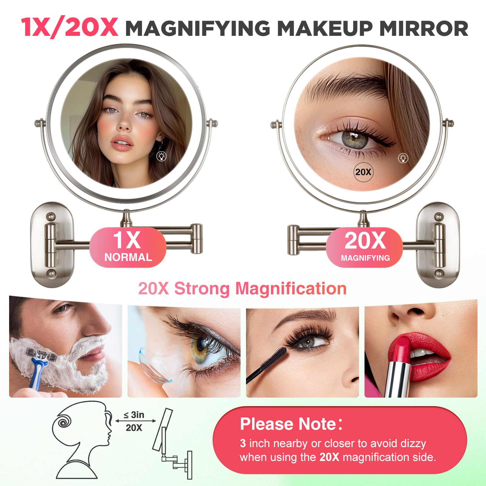Vorremirr 20X Magnifying Mirror With Light: 8.5 Inch Lighted Makeup Mirror With 3 Colors, 360 Rotation Touch Screen Rechargeable