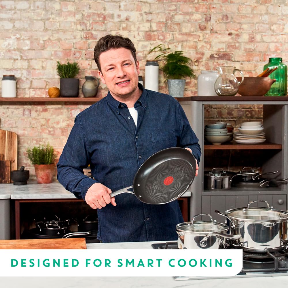 Tefal Jamie Oliver Cook's Direct Stainless Steel Frying Pan, 5 Piece Cookware Set, Non-Stick Coating, Heat Indicator, Riveted Sa