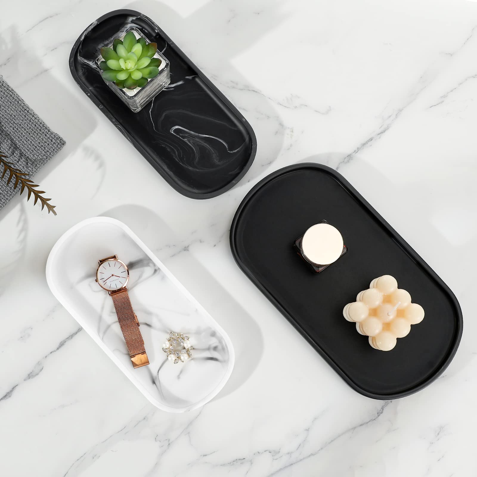 Luxspire Bathroom Vanity Tray, Oval Soap Dispenser Tray, 10'' Marble Kitchen Counter Trays, Resin Bathroom Tray For Counter, Toi