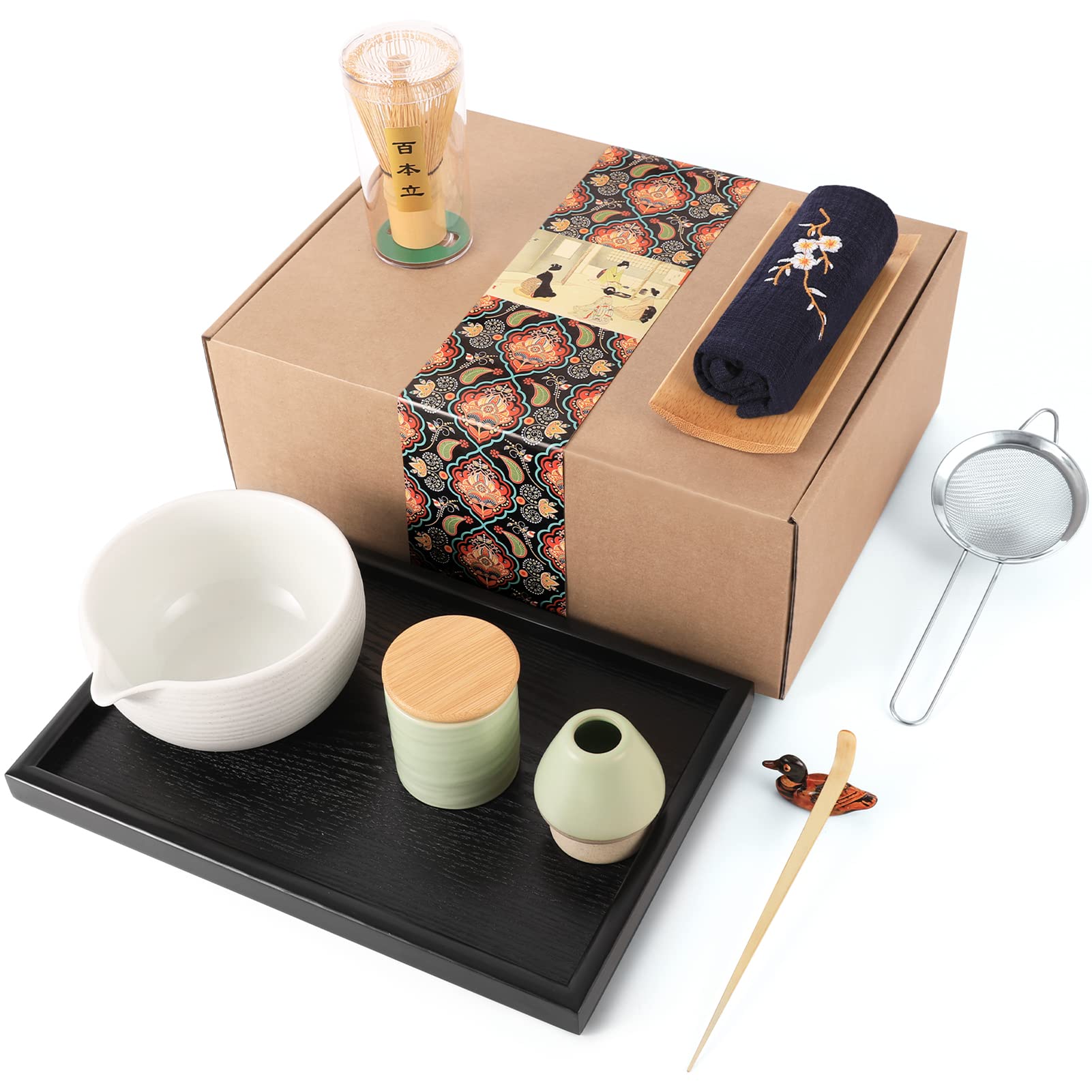 Artcome Japanese Matcha Tea Set, Matcha Bowl With Pouring Spout, Black Tea Tray, Matcha Whisk, Ceramic Whisk Holder, Matcha Powd