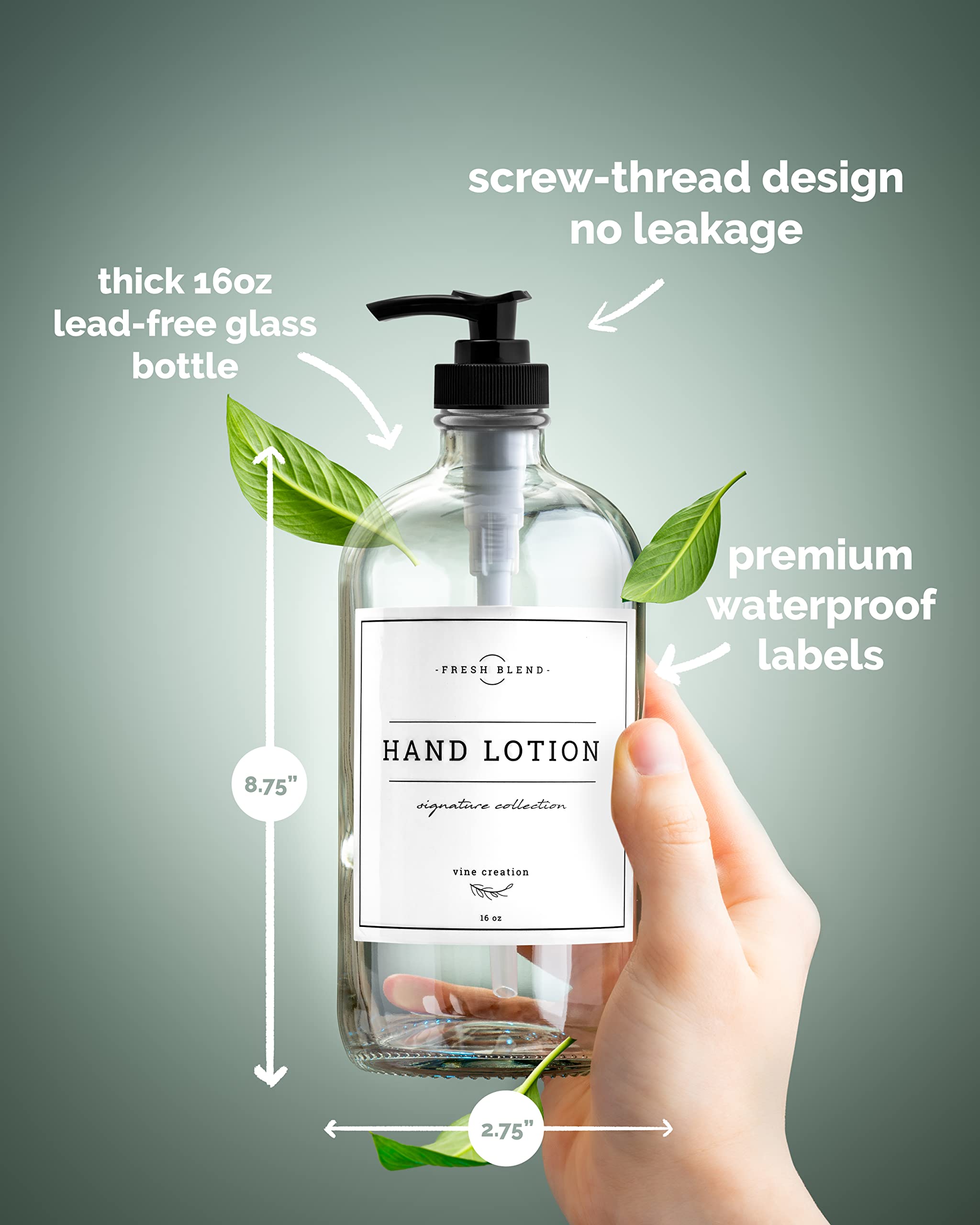 Vine Creations Clear Glass Soap Dispenser, 2 Pack Kitchen Soap Dispenser Set With Rustproof Pump, 16 Oz Hand Soap Dispenser Bath
