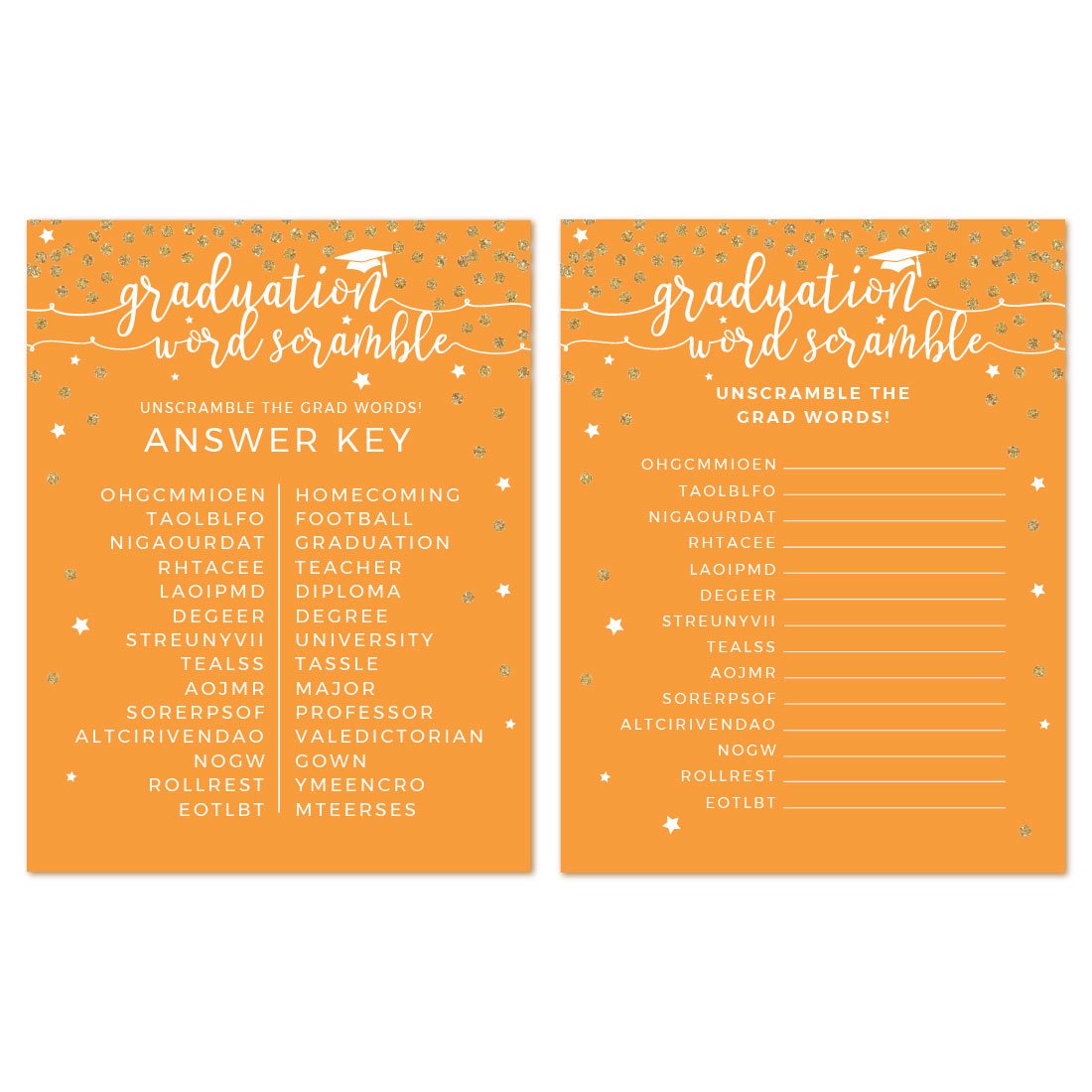 Andaz Press Orange And Gold Glittering Graduation Party Collection, Word Scramble Game Cards, 20-Pack, Games Activities And Deco