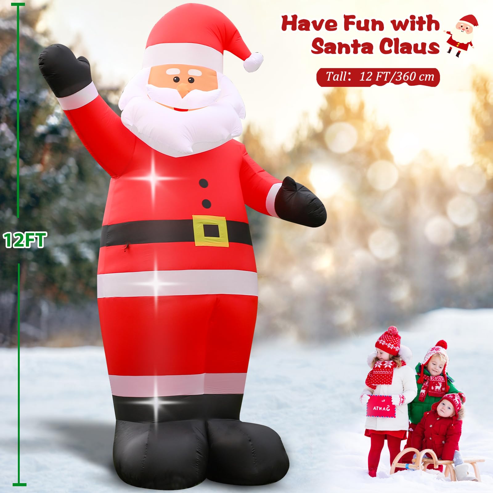 FunFanso 12 FT Giant Christmas Inflatable Santa Claus Outdoor Decoration, Cute Santa Tilting His Head and Waving Hand, Outside W