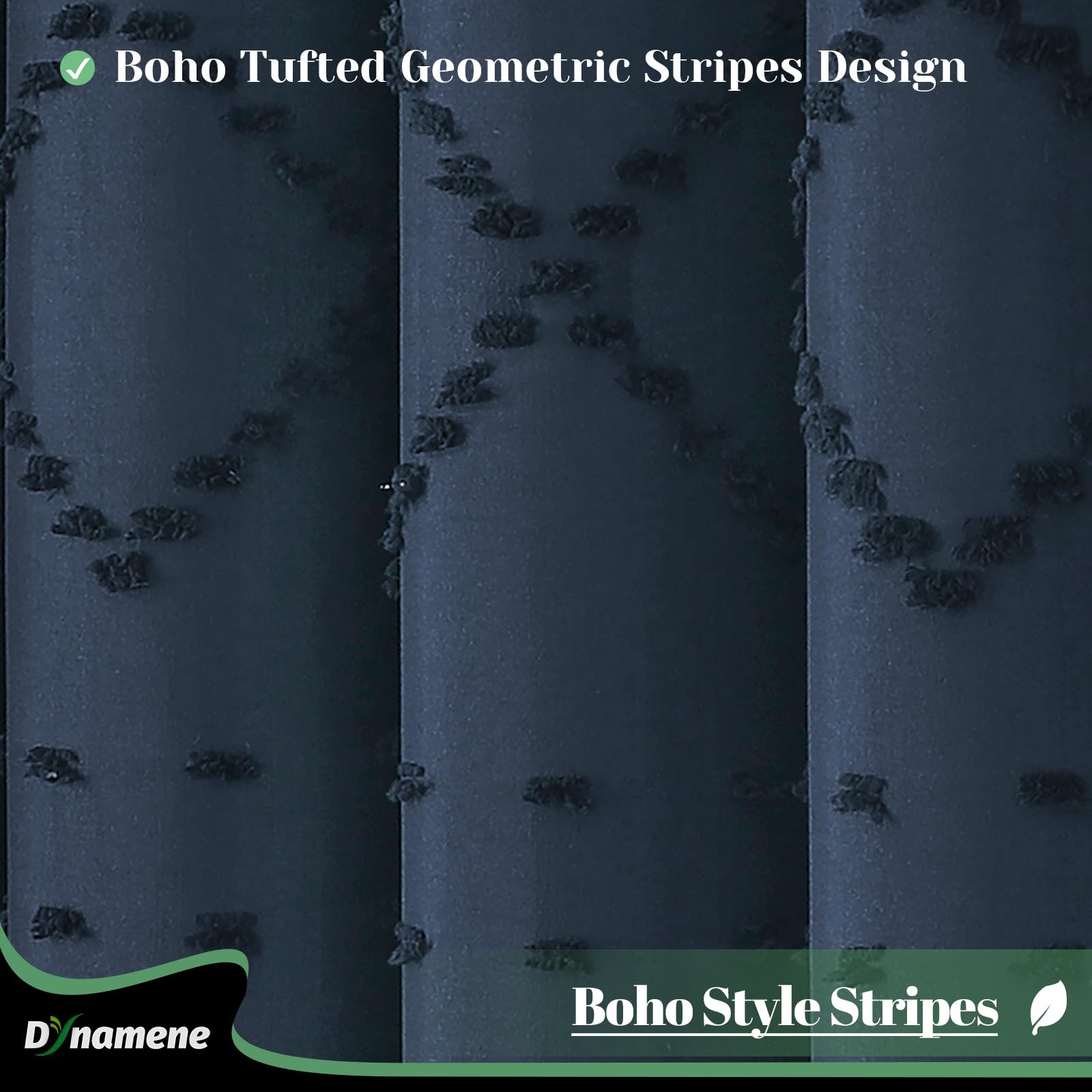 Dynamene Navy Blue Fabric Shower Curtain, Boho Tufted Geometric Striped Tassel Shower Curtain For Bathroom, Shabby Chic Modern F