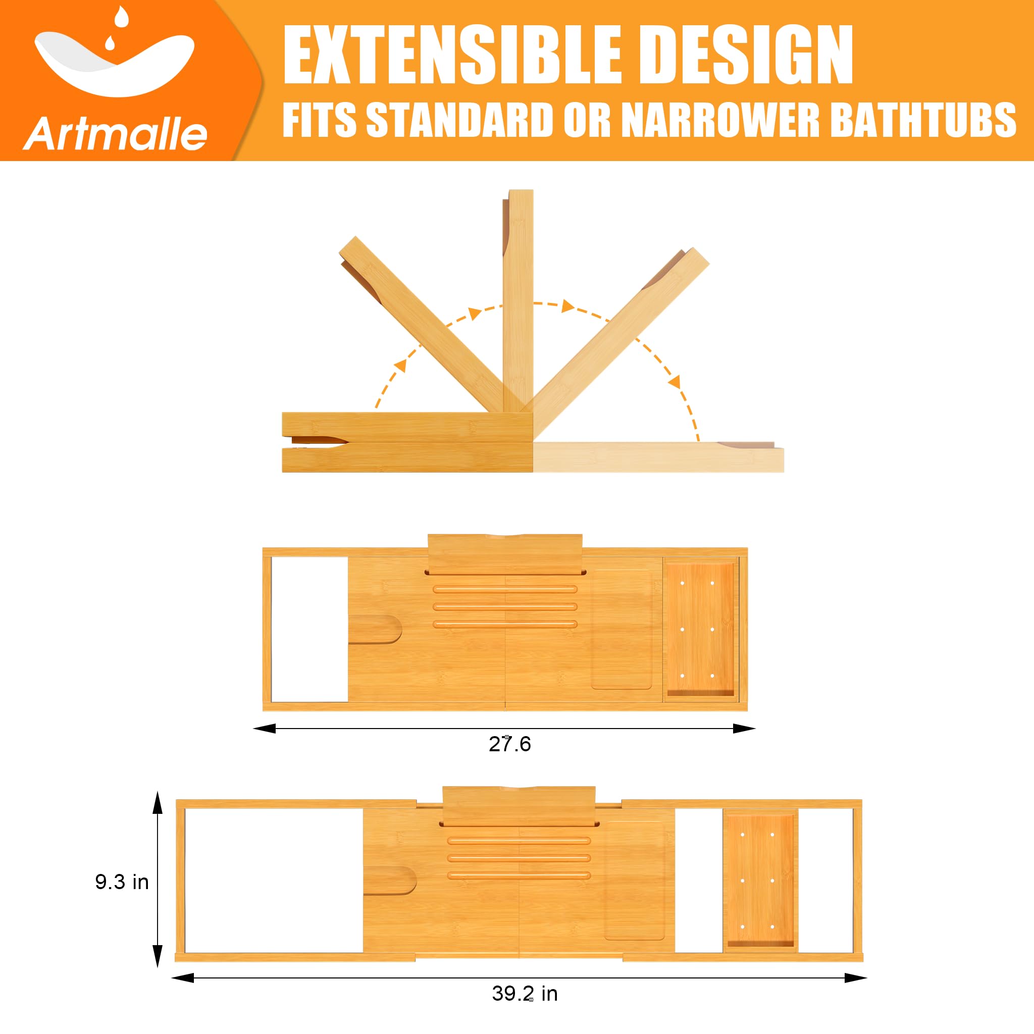 Artmalle Foldable Bathtub Tray For Tub, Bamboo Bathtub Caddy Tray Table With Book Stand For Luxury Bath, Bathroom Accessories Fo