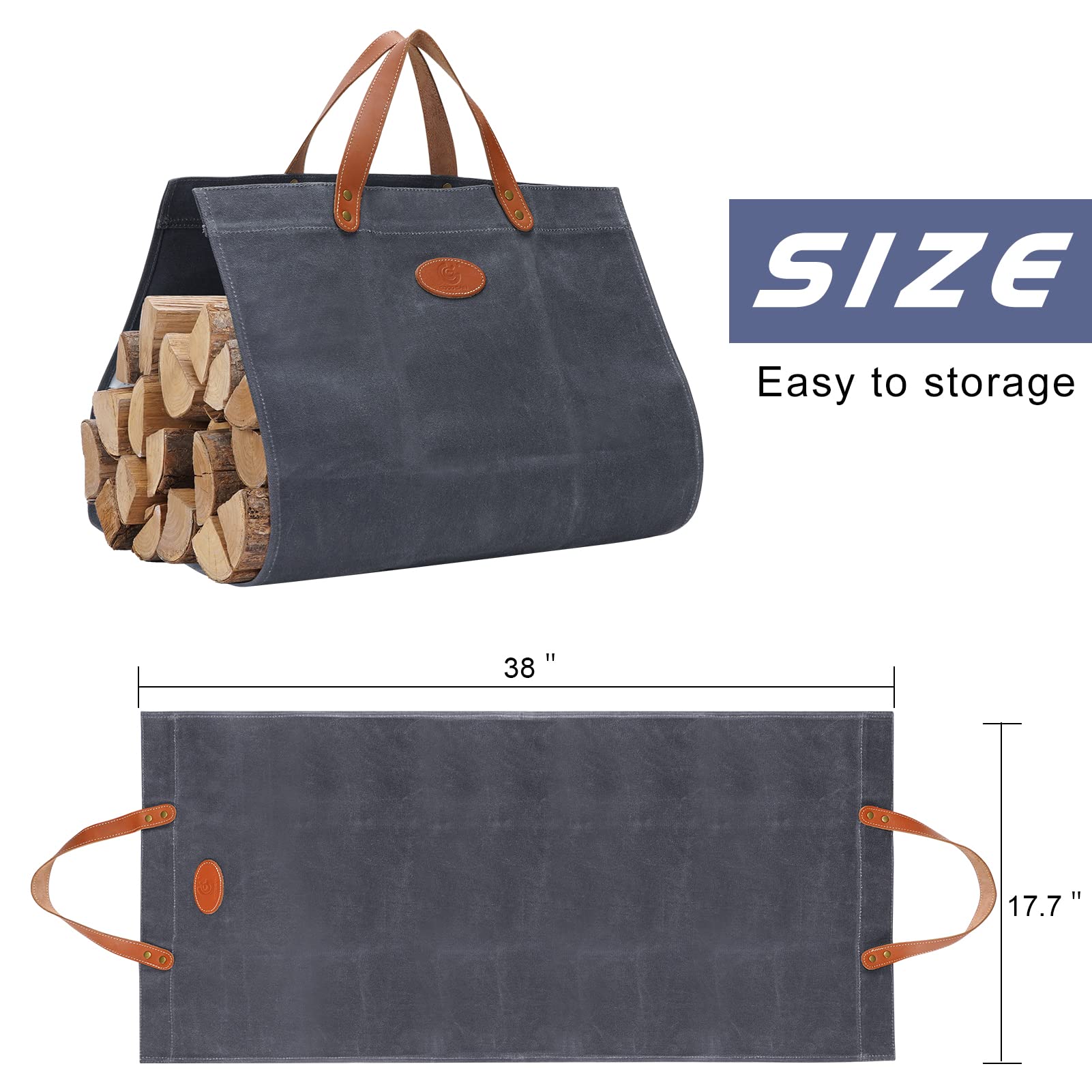 G Good Gain Firewood Carrier Waxed Canvas With Leather Handles, Wood Carrier For Firewood, 36X18.5 In Heavy Duty Firewood Storag
