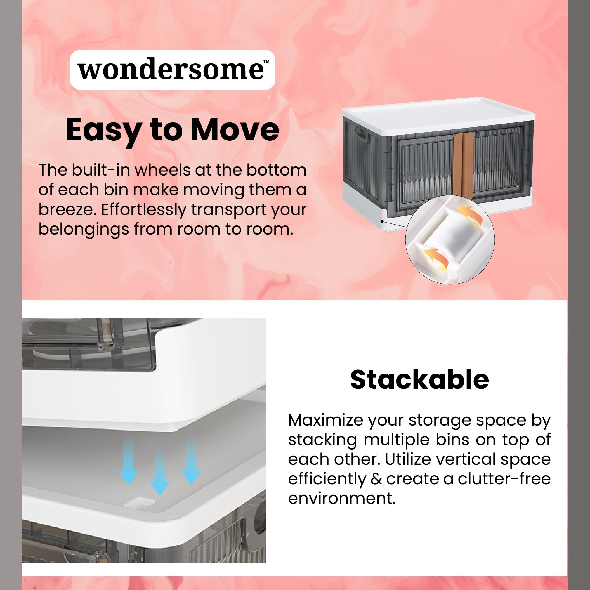 Wondersome Collapsible Storage Bins - 3-Pack Of Large 8.5-Gallon/33.8-Quart Stackable Wheeled Clothing, Shoe, Bedroom, Office Or