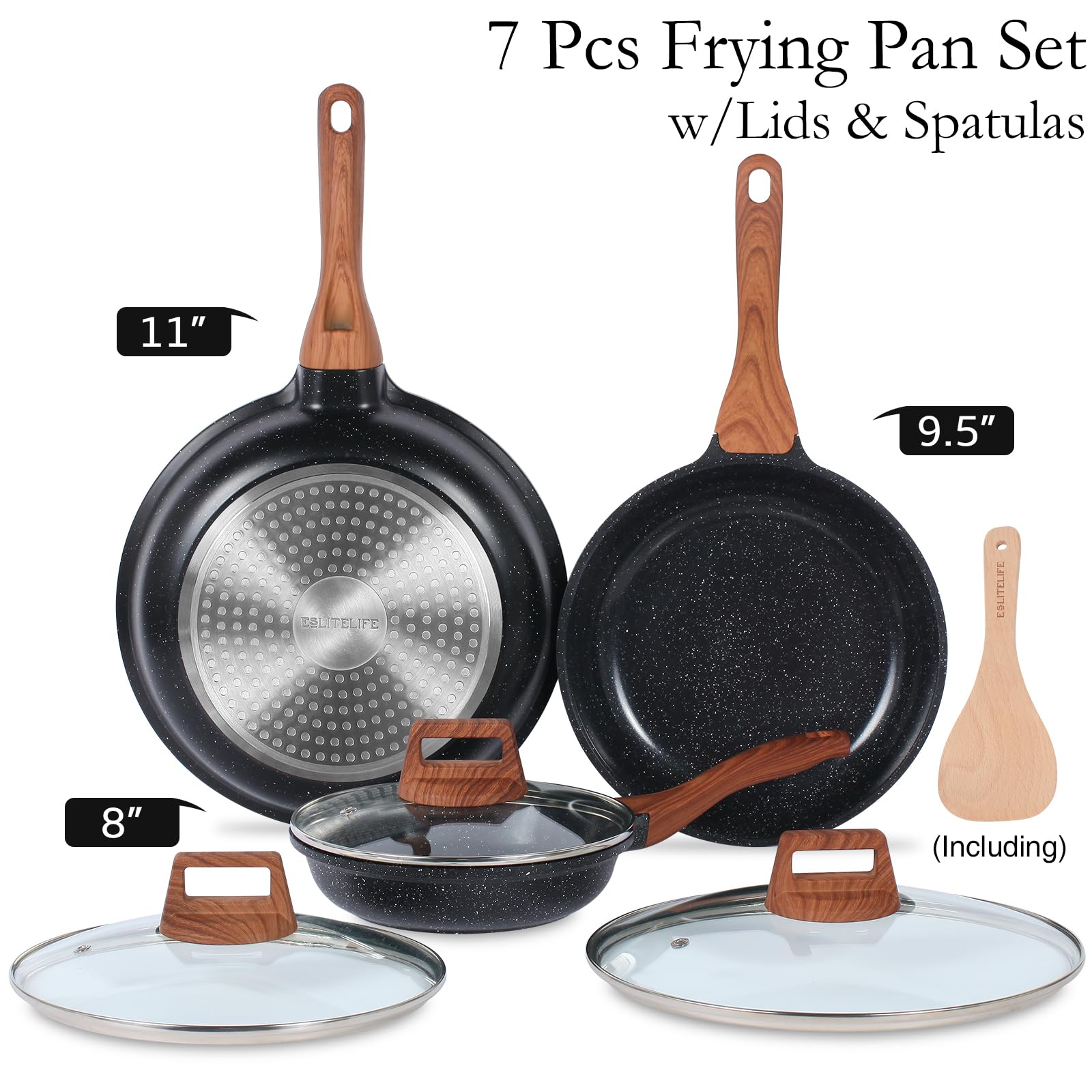 Eslite Life Nonstick Ceramic Frying Pans Skillets Set With Lids, Non-Toxic Egg Omelette Kitchen Cooking Pans Compatible With All